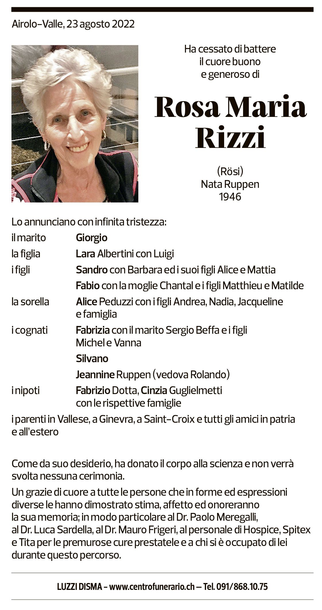 Annuncio funebre Rosa Maria Rizzi