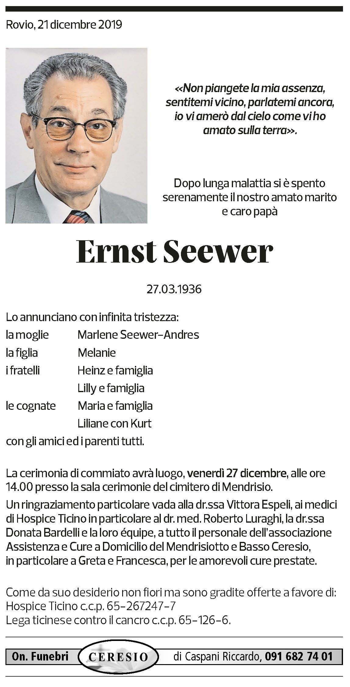 Annuncio funebre Ernst Seewer