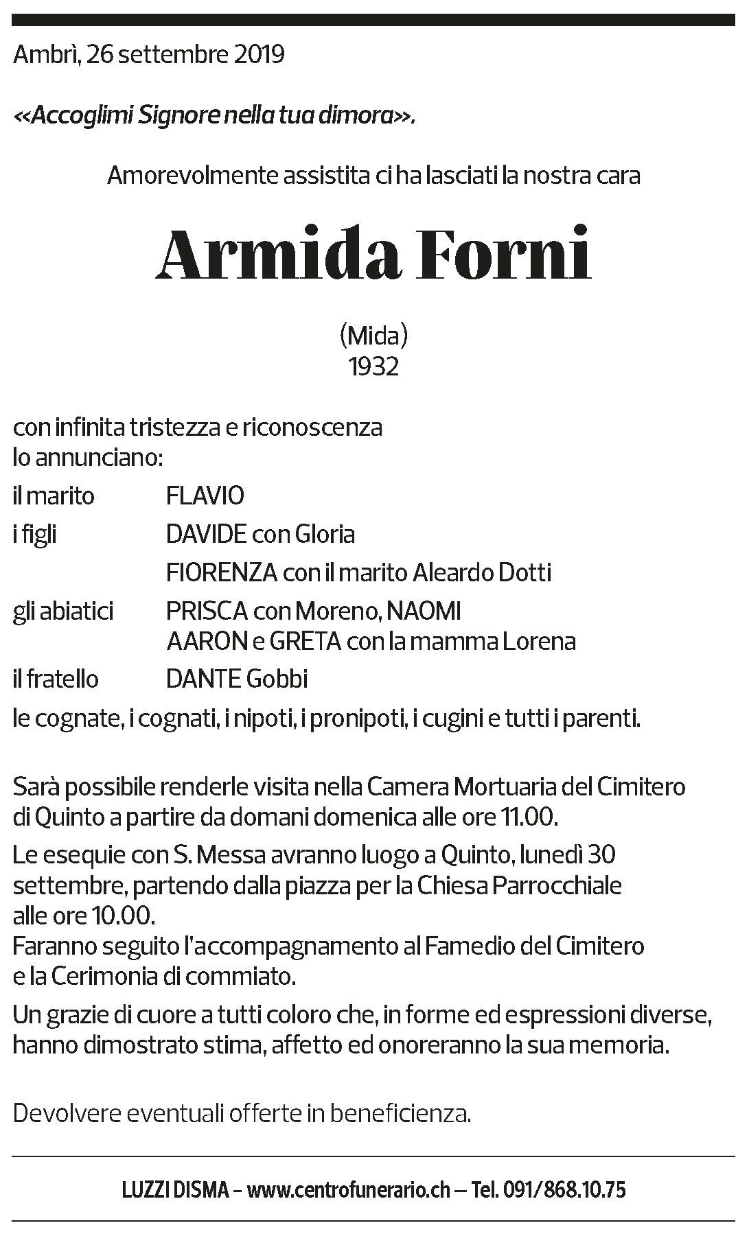 Annuncio funebre Armida Forni