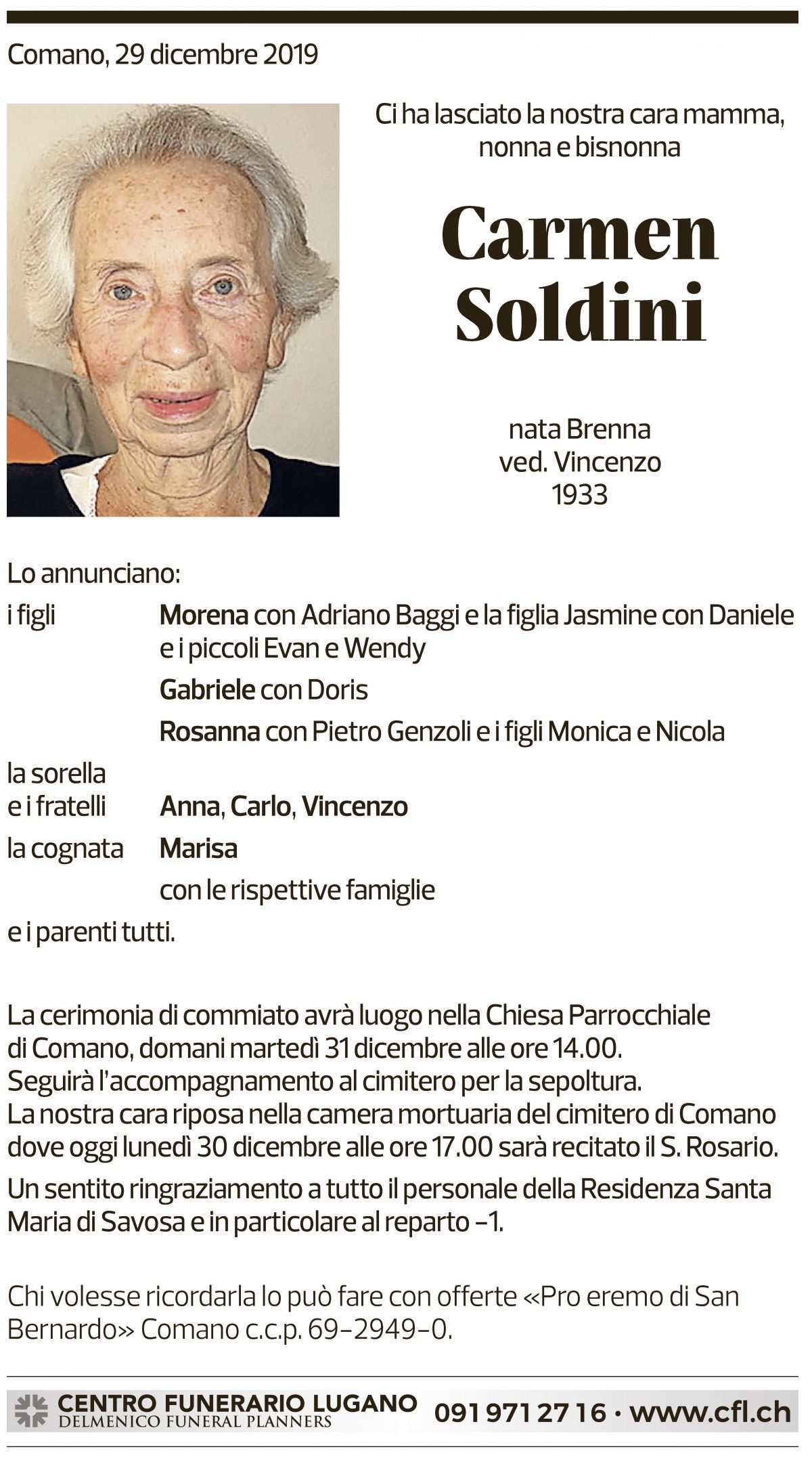 Annuncio funebre Carmen Soldini