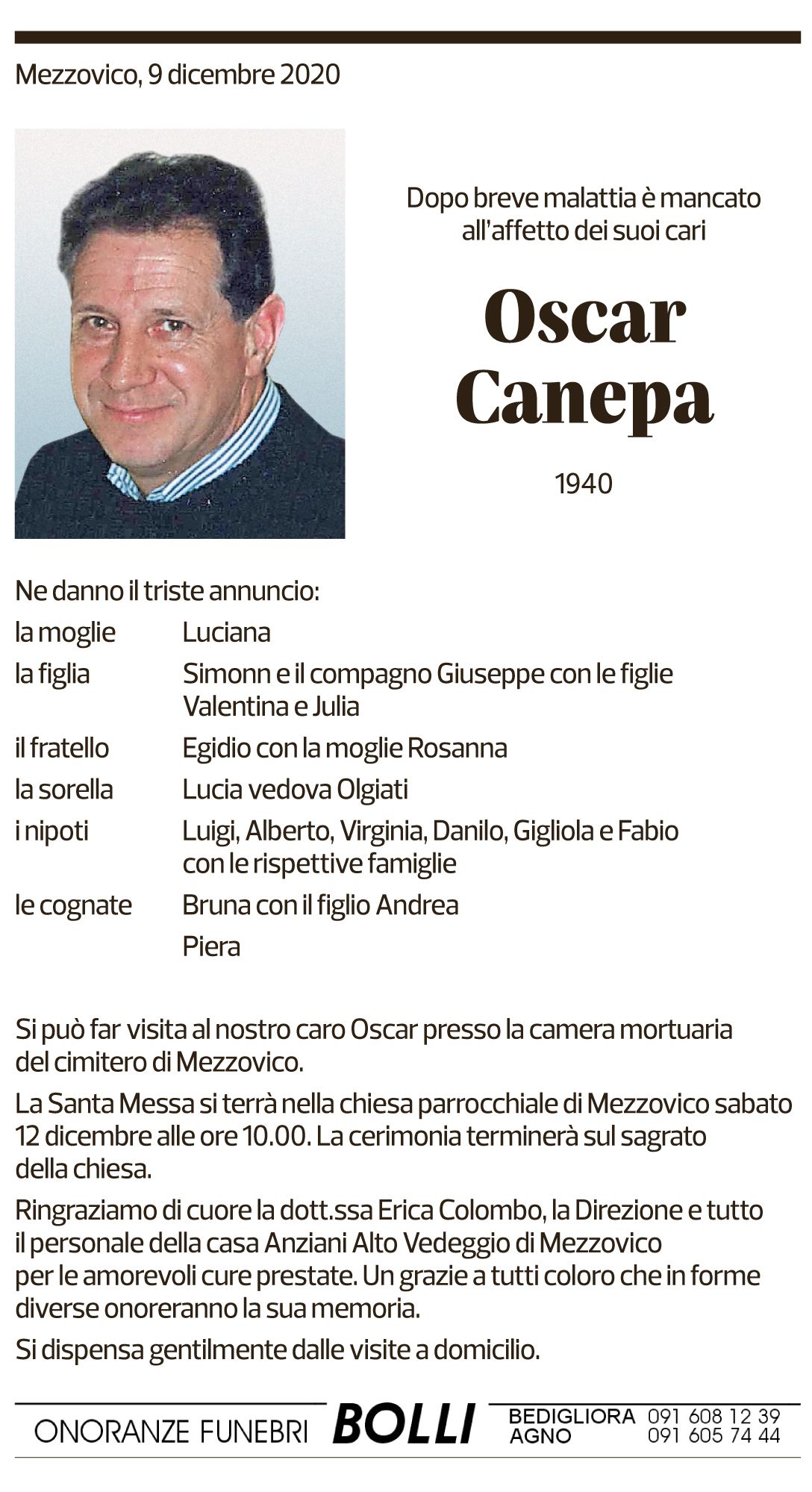 Annuncio funebre Oscar Canepa