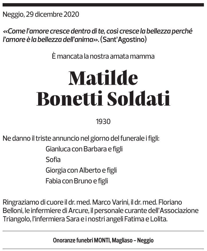 Annuncio funebre Matilde Bonetti Soldati
