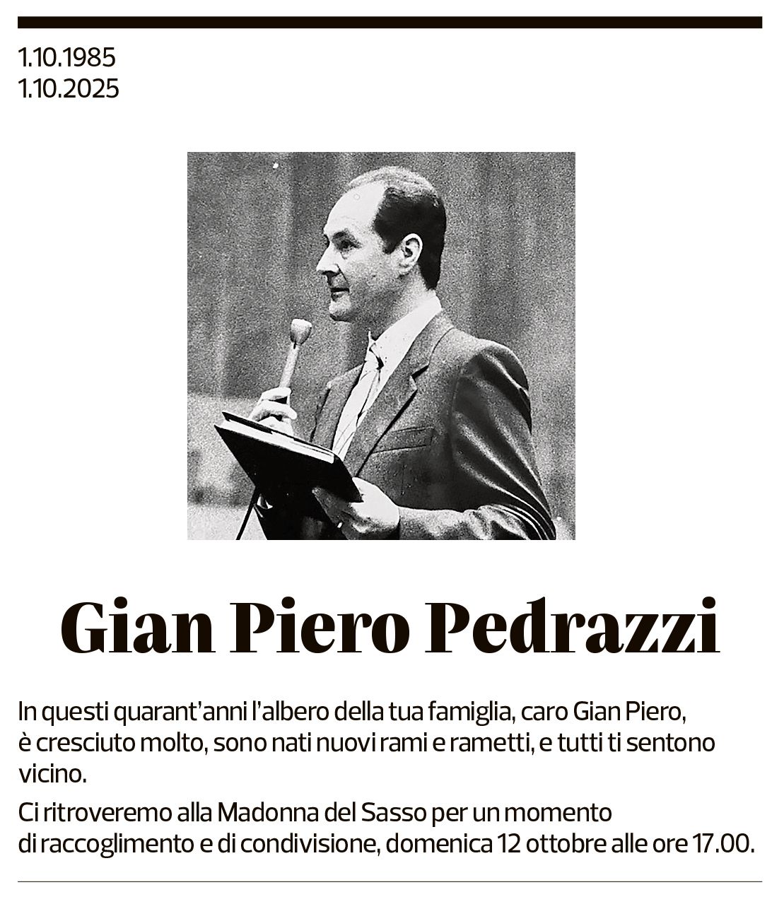 Annuncio funebre Gian Piero Pedrazzi