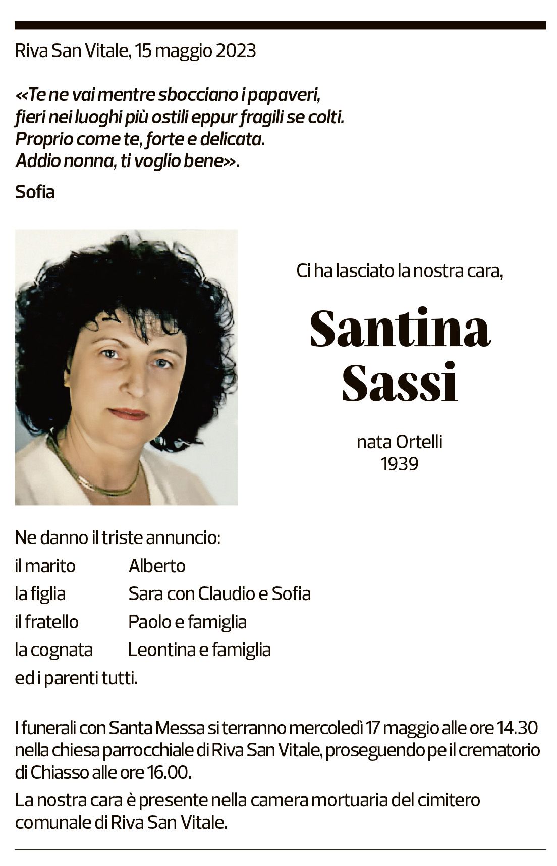 Annuncio funebre Santina Sassi