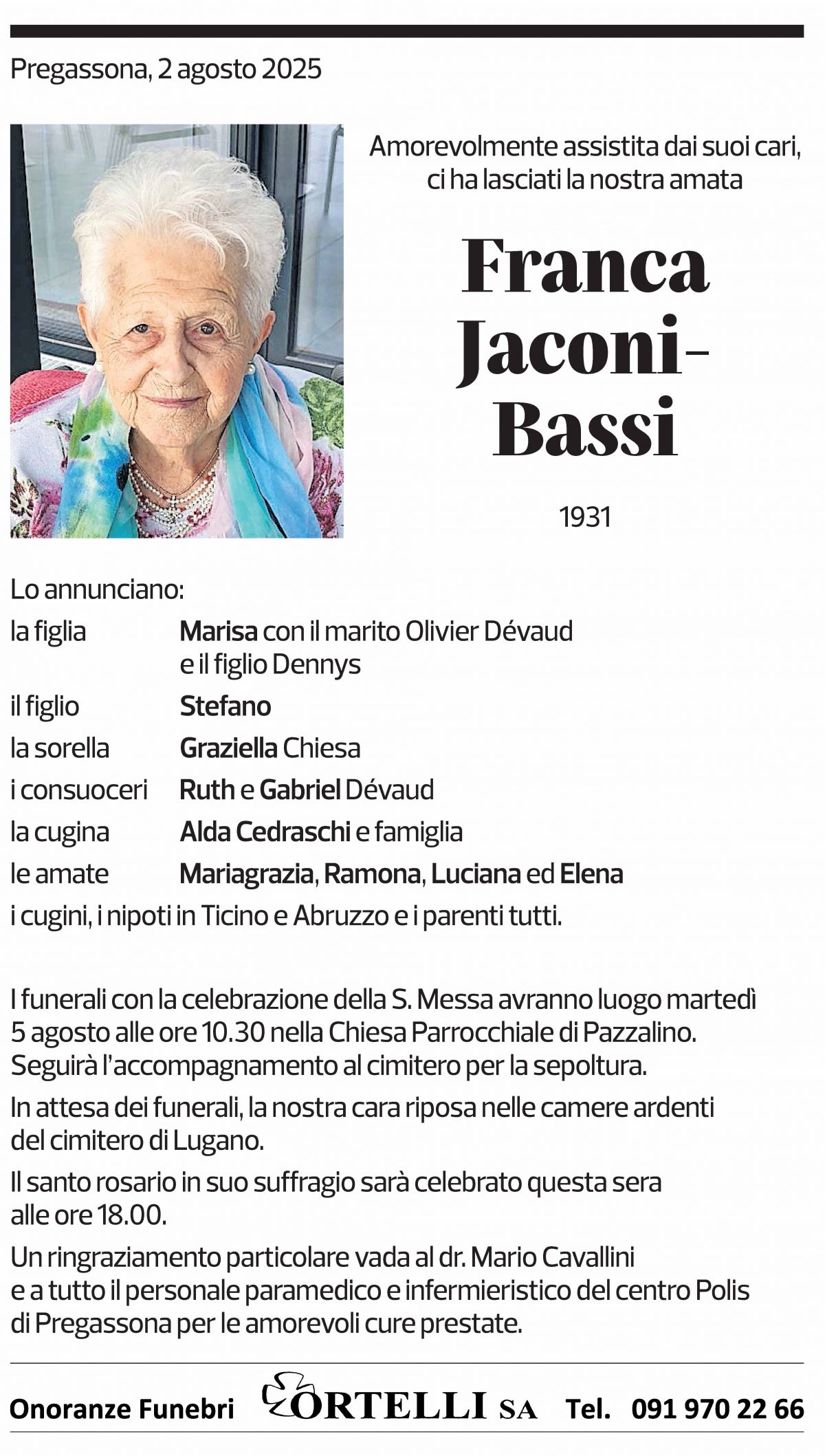 Annuncio funebre Franca Jaconi-bassi