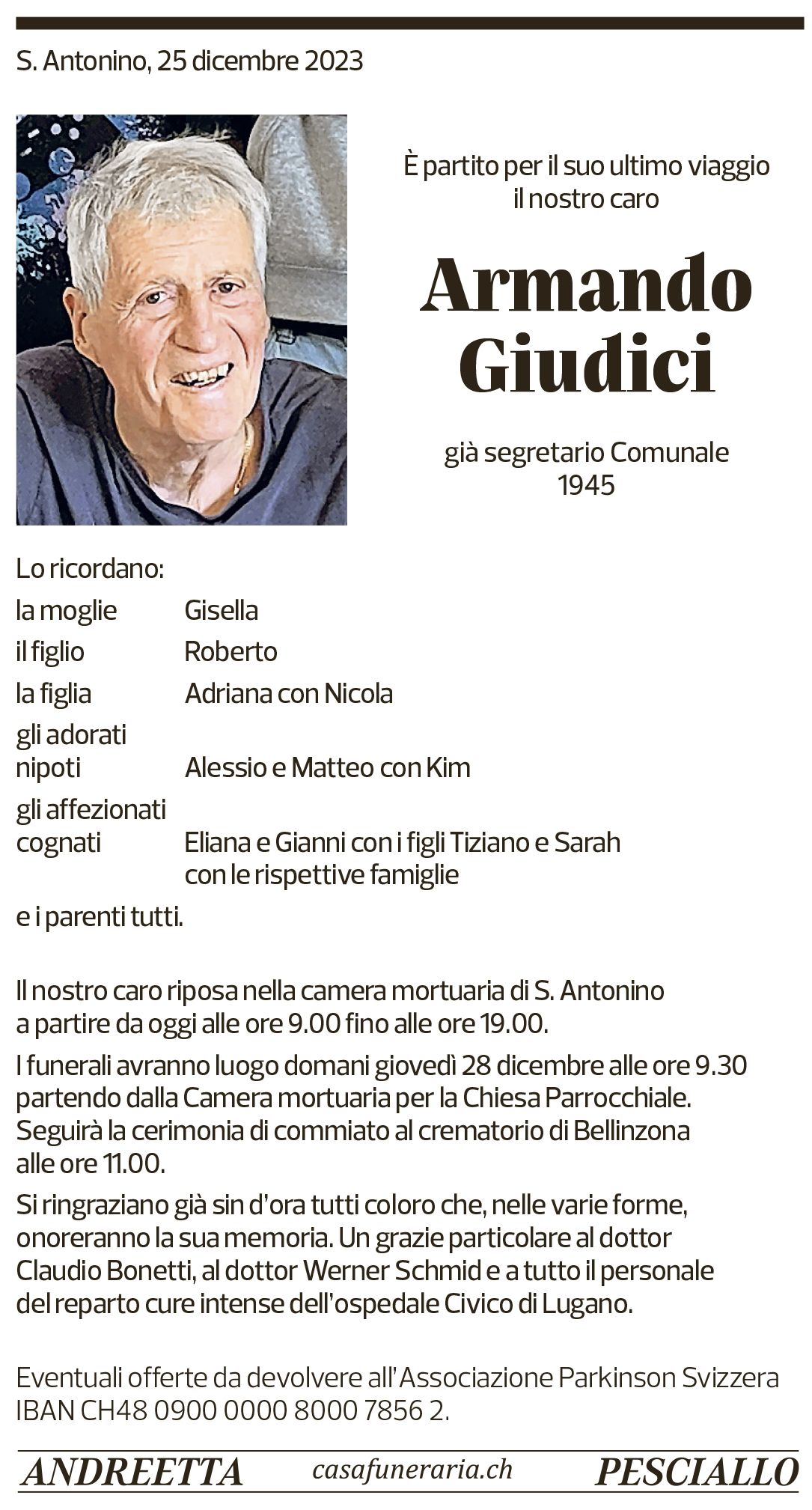 Annuncio funebre Armando Giudici