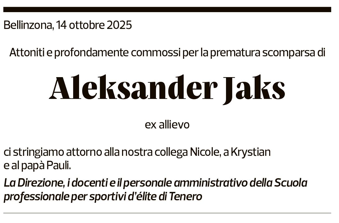 Annuncio funebre Aleksander Jaks