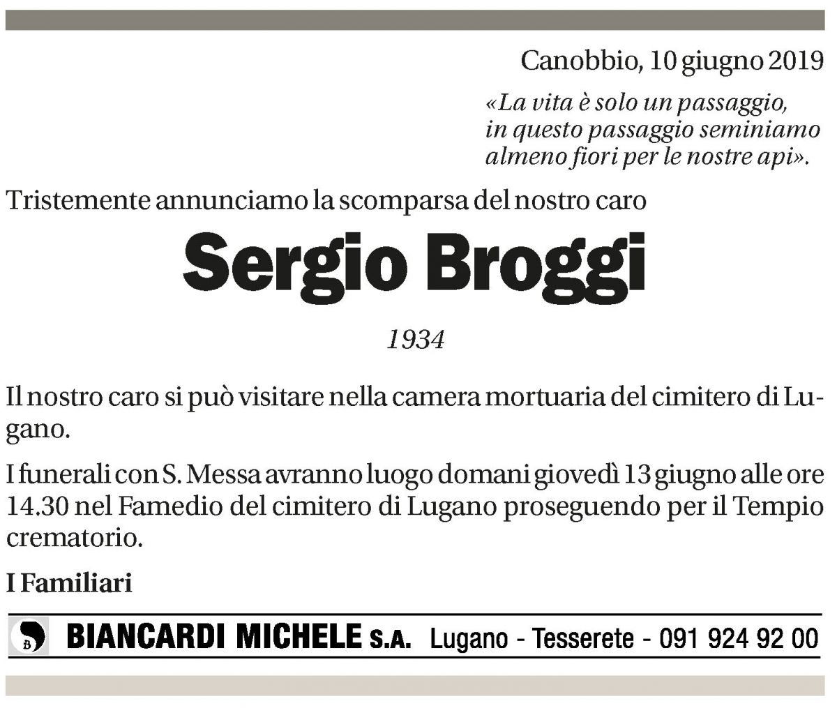 Annuncio funebre Sergio Broggi