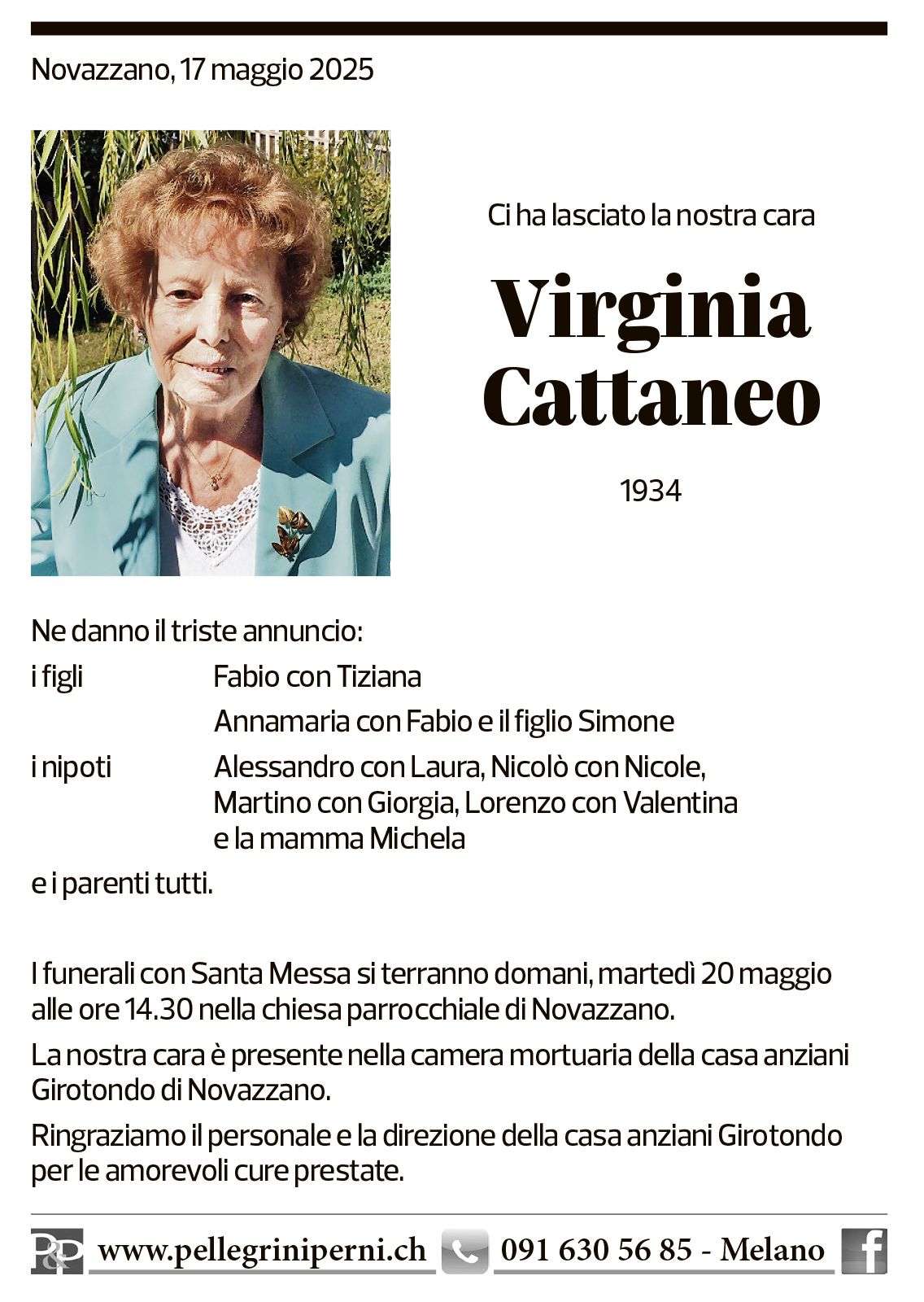 Annuncio funebre Virginia Cattaneo
