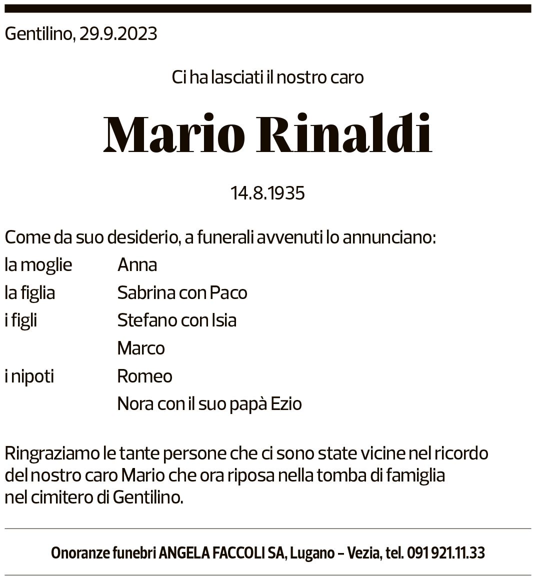 Annuncio funebre Mario Rinaldi