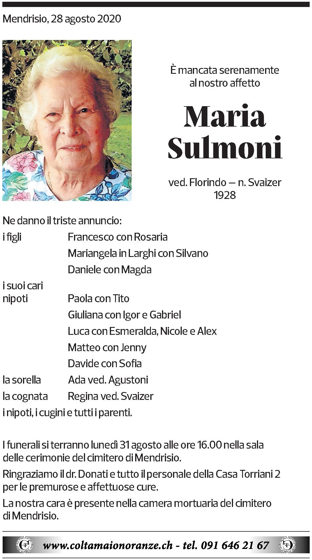 Annuncio funebre Maria Sulmoni
