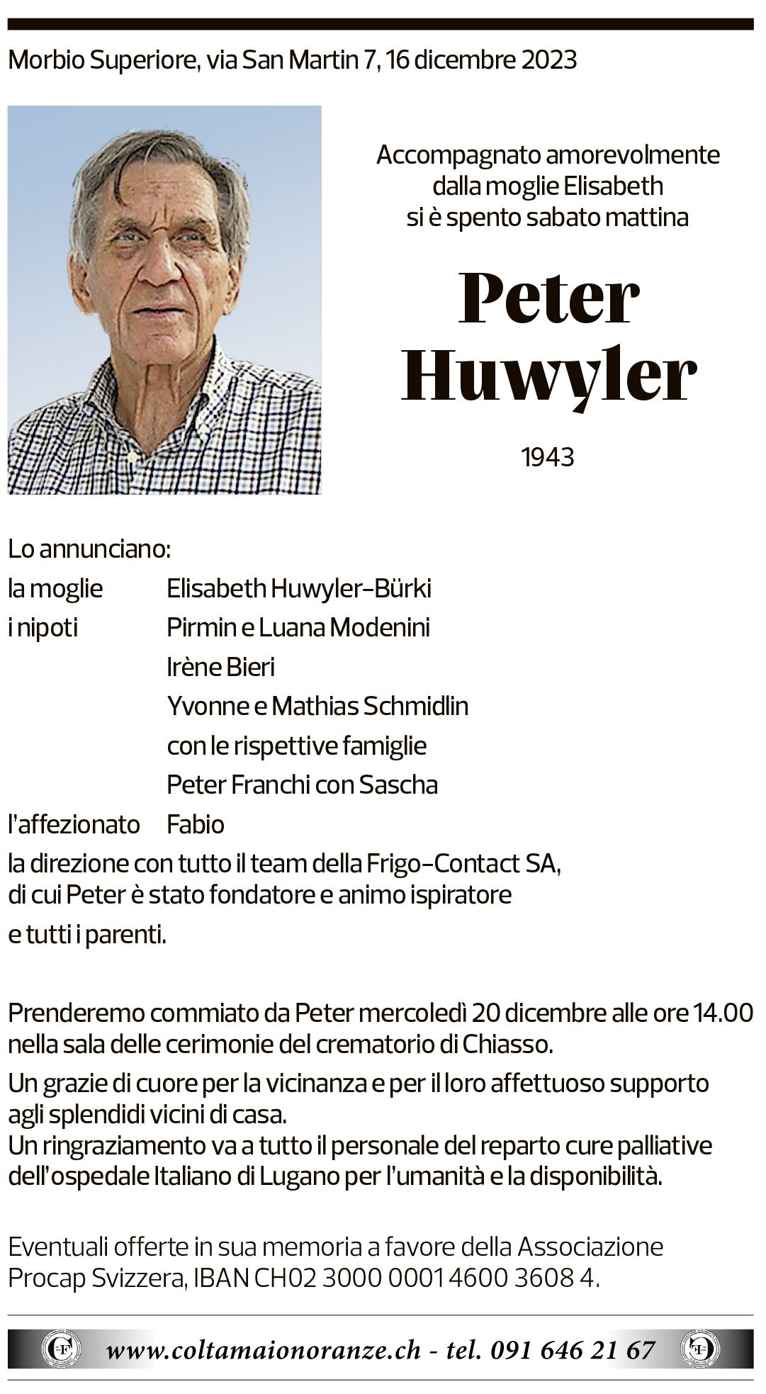 Annuncio funebre Peter Huwyler