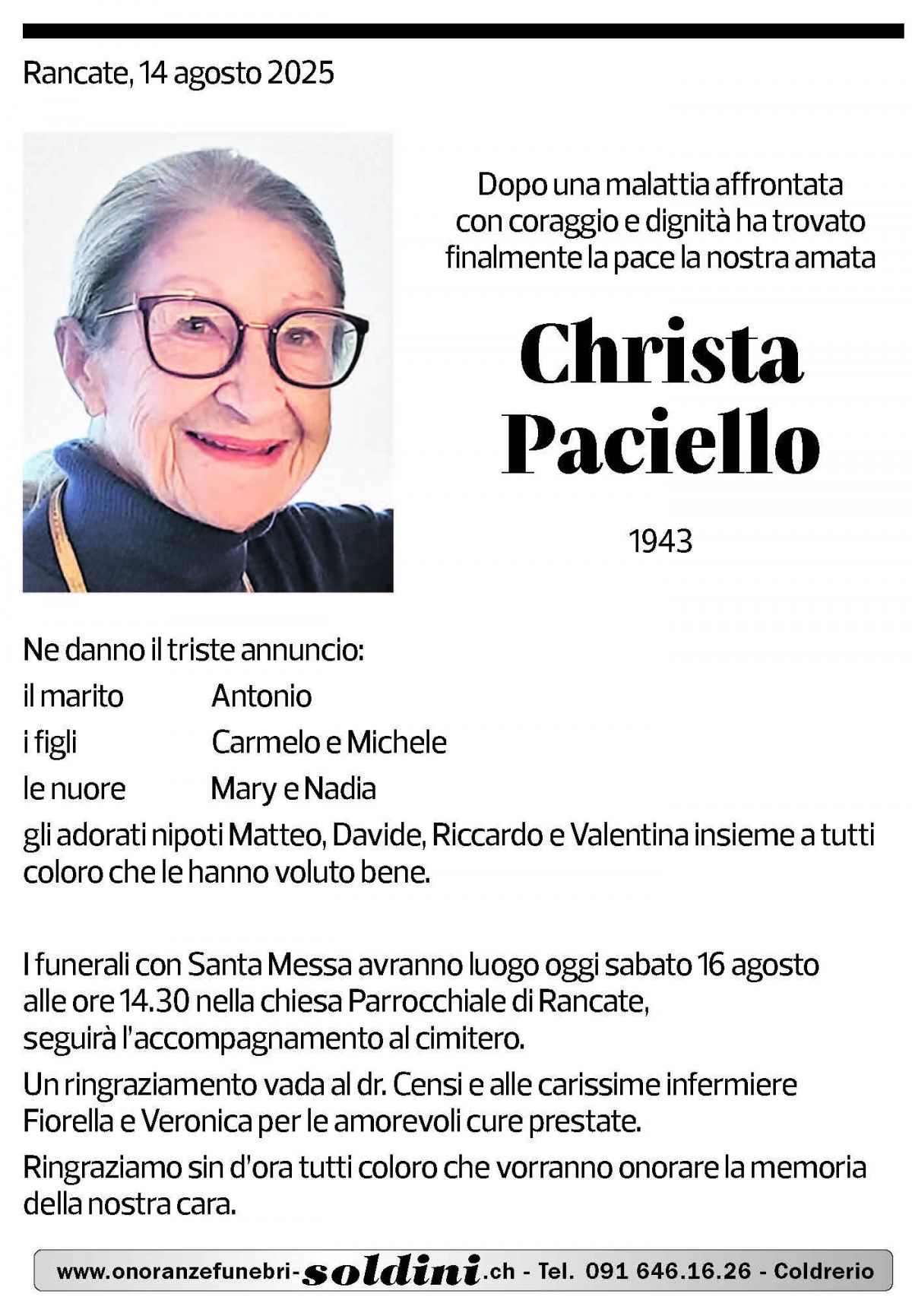 Annuncio funebre Christa Paciello