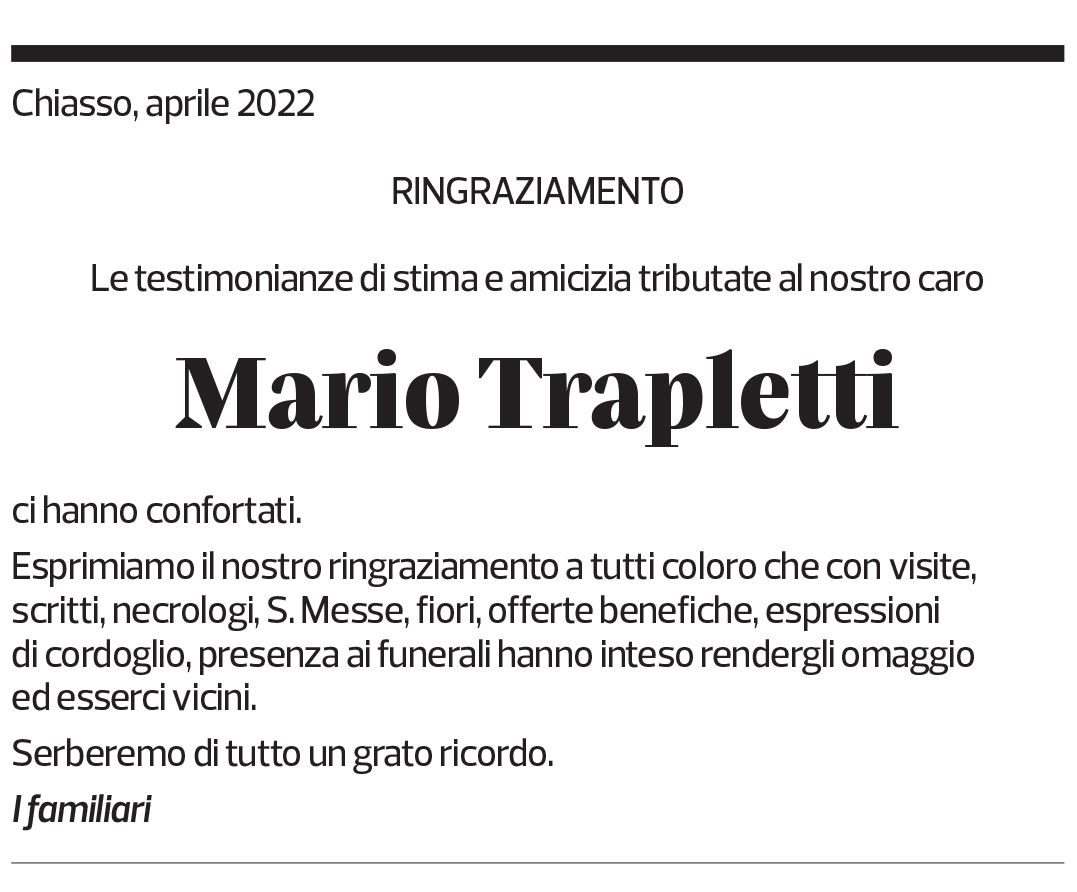 Annuncio funebre Mario Trapletti