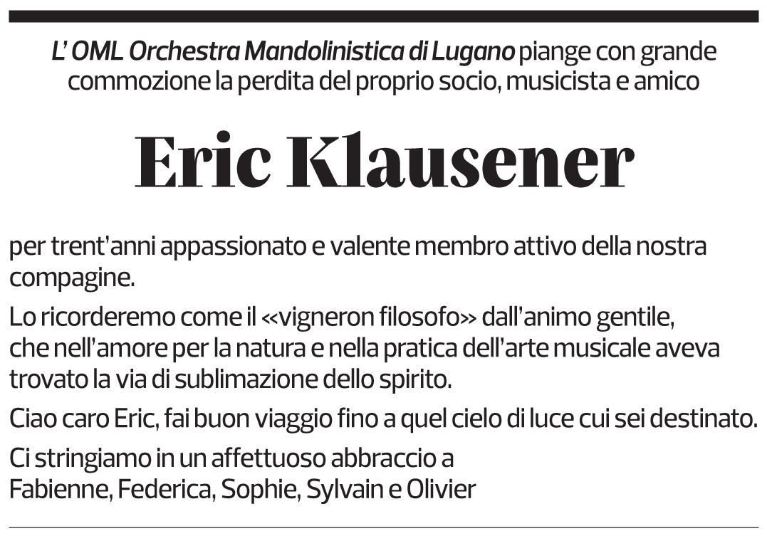 Annuncio funebre Eric Klausener