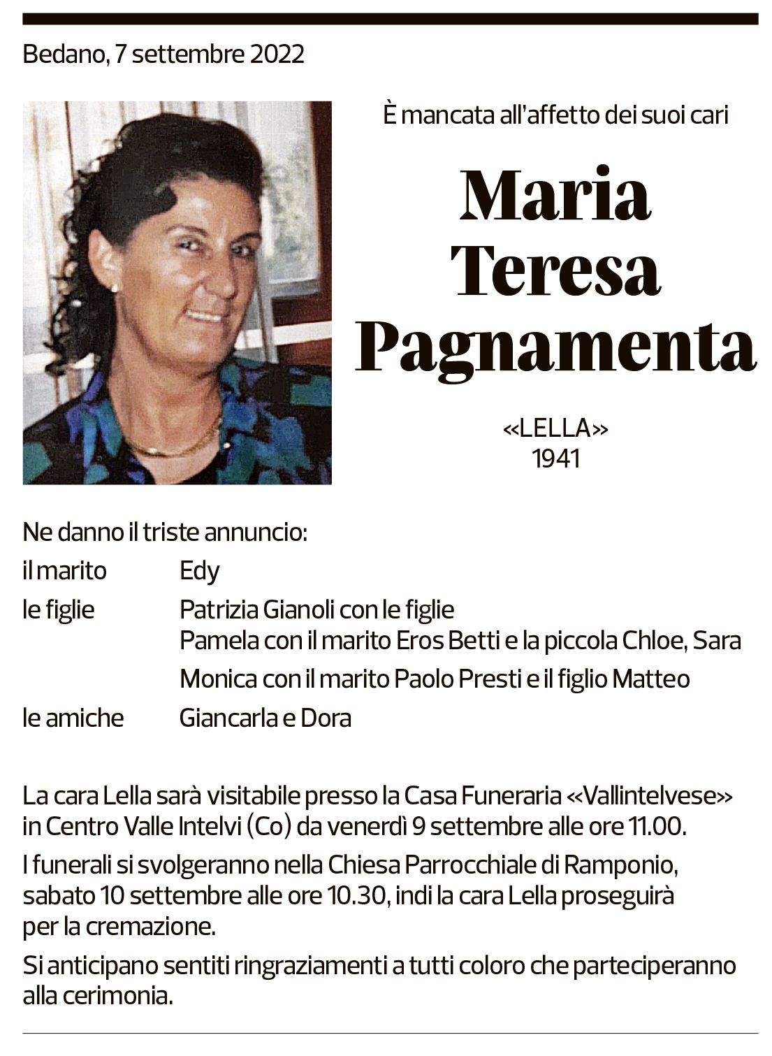 Annuncio funebre Maria Teresa Pagnamenta