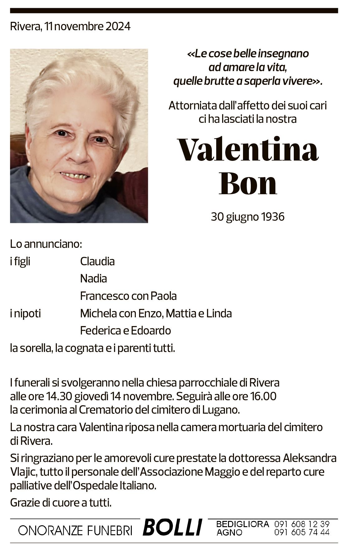 Annuncio funebre Valentina Bon