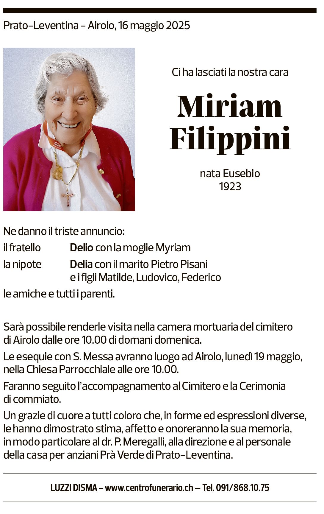 Annuncio funebre Miriam Filippini