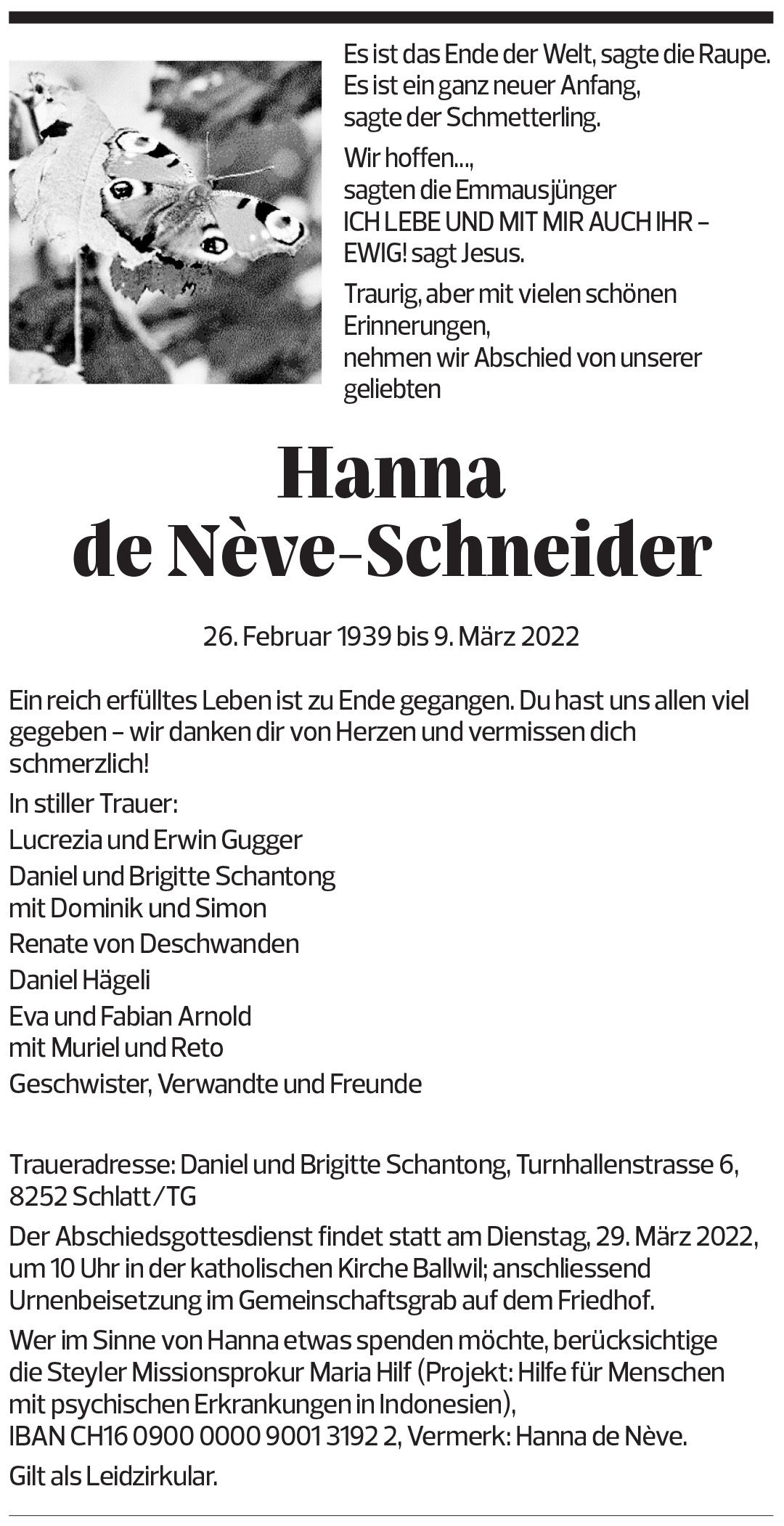 Annuncio funebre Hanna De Nève-schneider