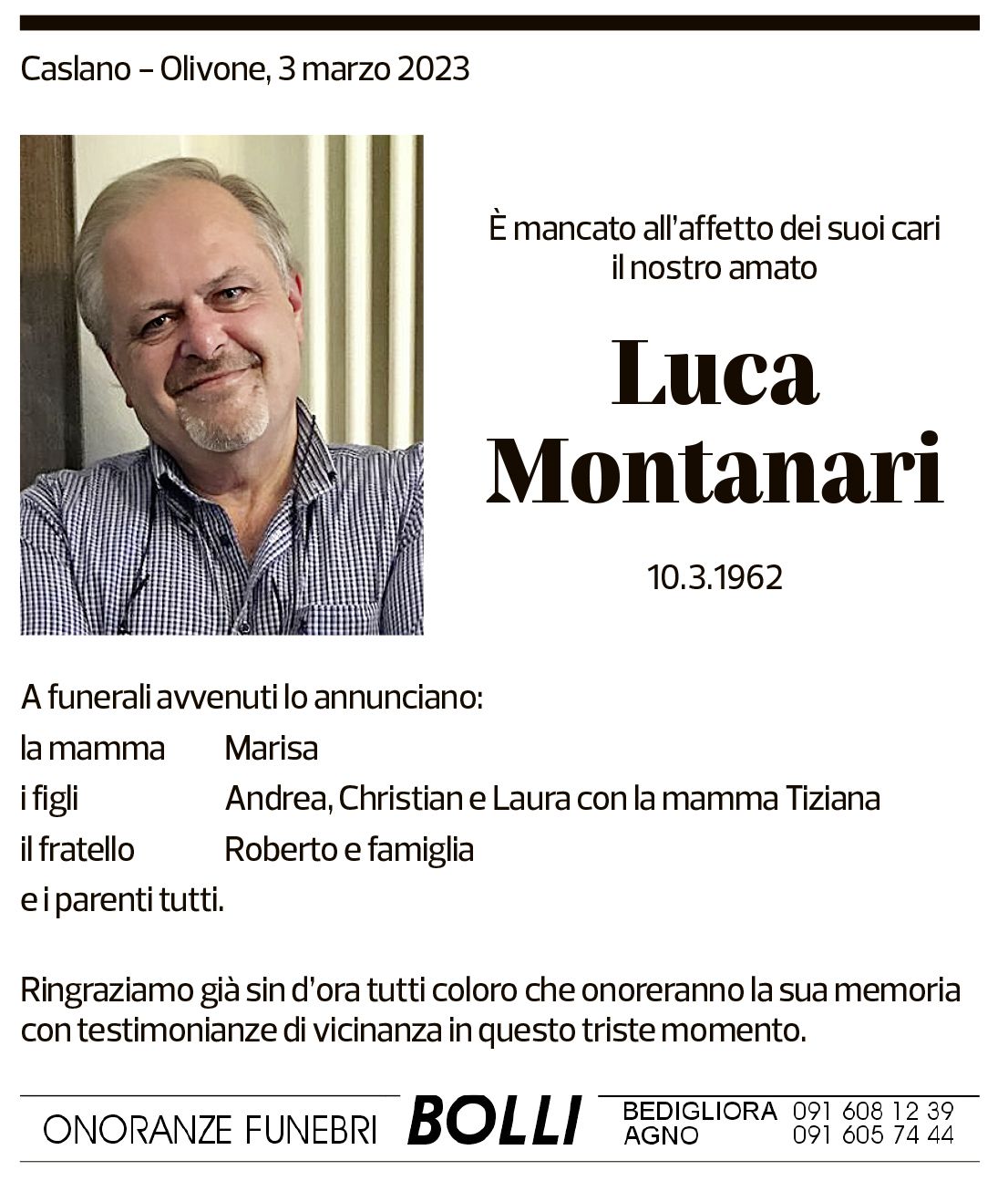 Annuncio funebre Luca Montanari