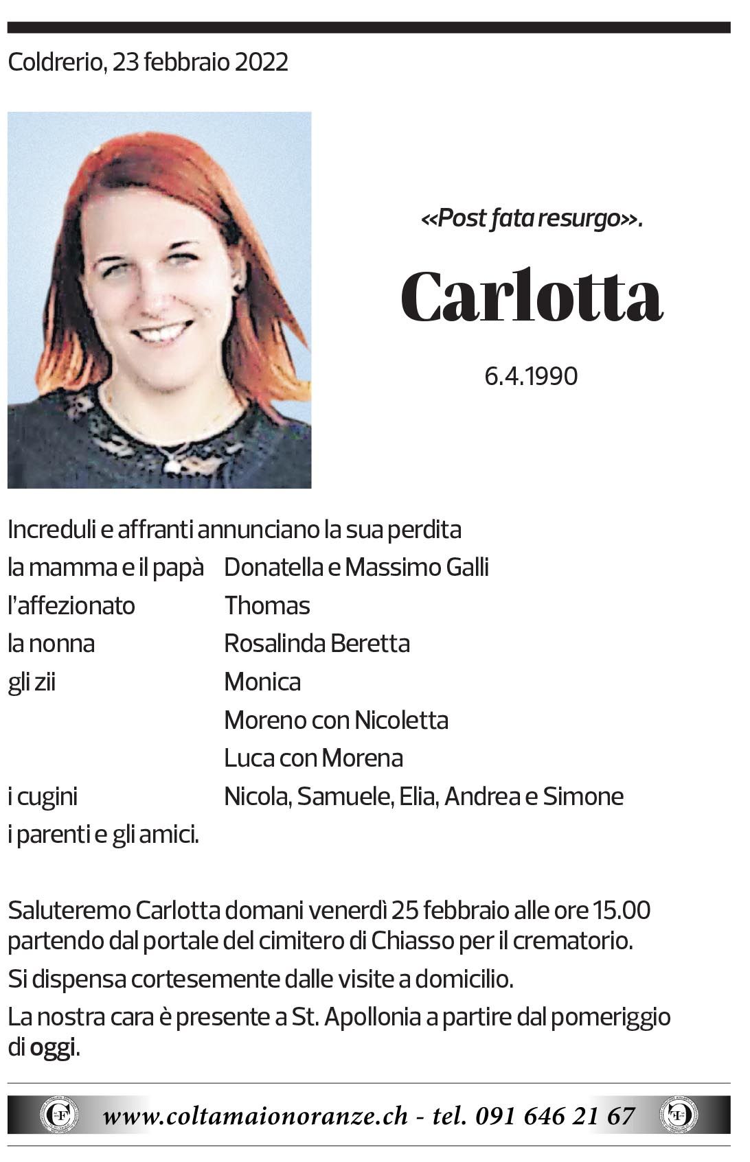 Annuncio funebre Carlotta 