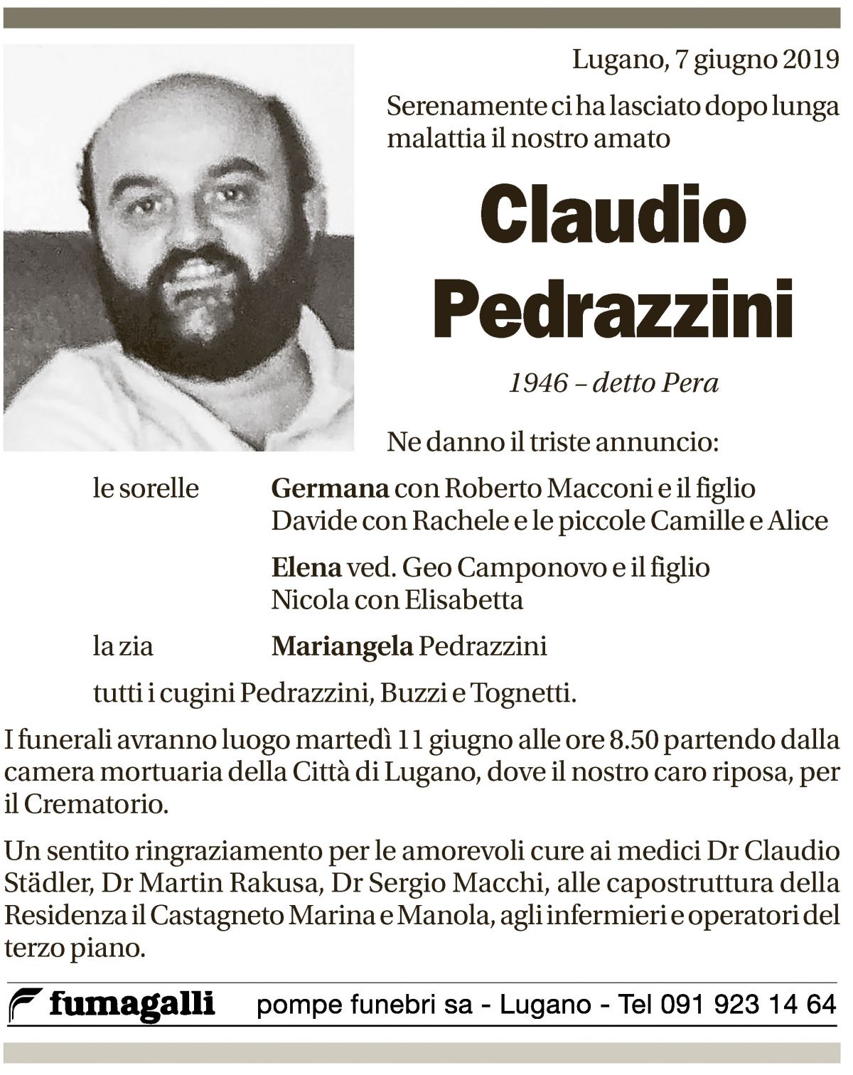 Annuncio funebre Claudio Pedrazzini