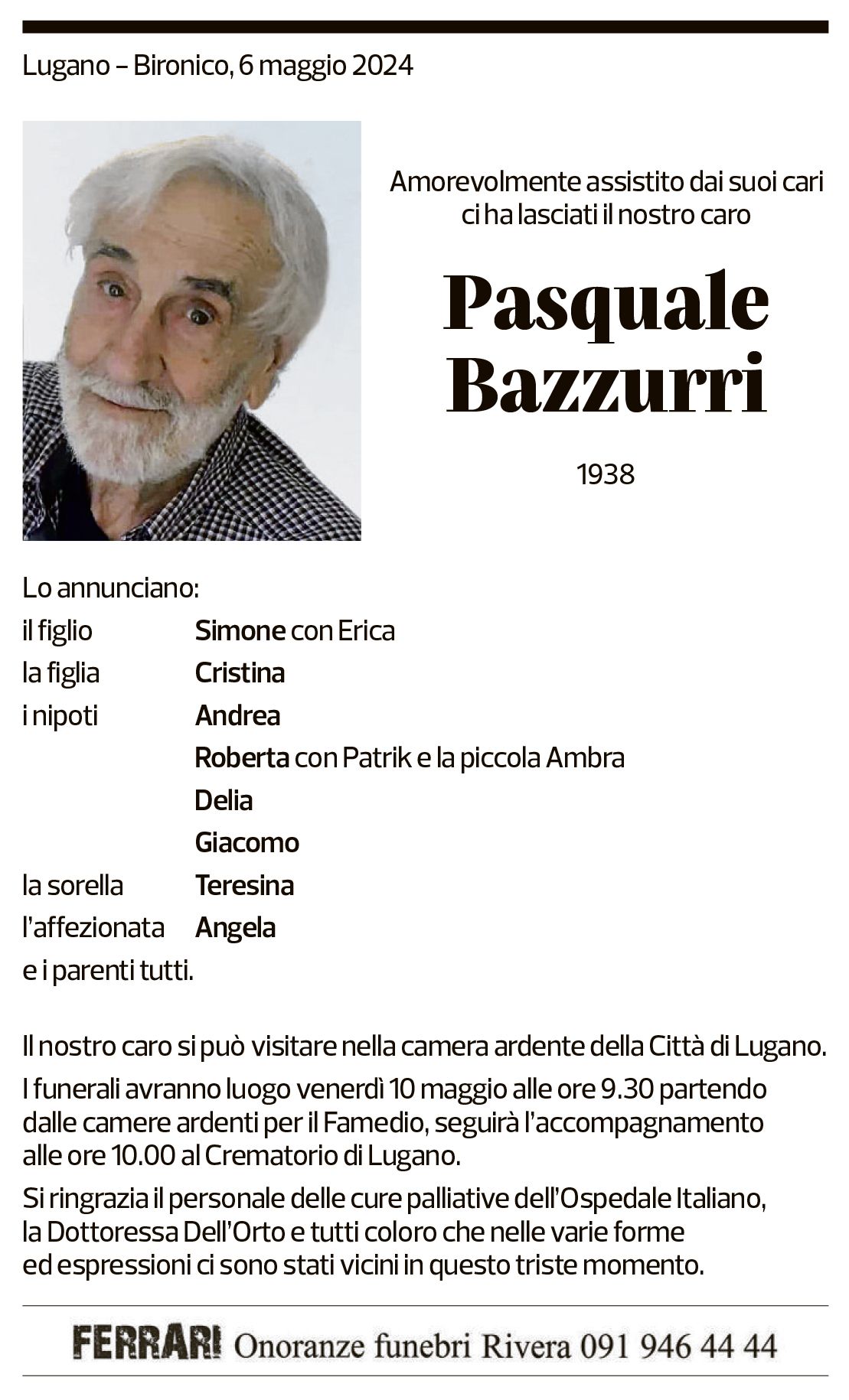 Annuncio funebre Pasquale Bazzurri