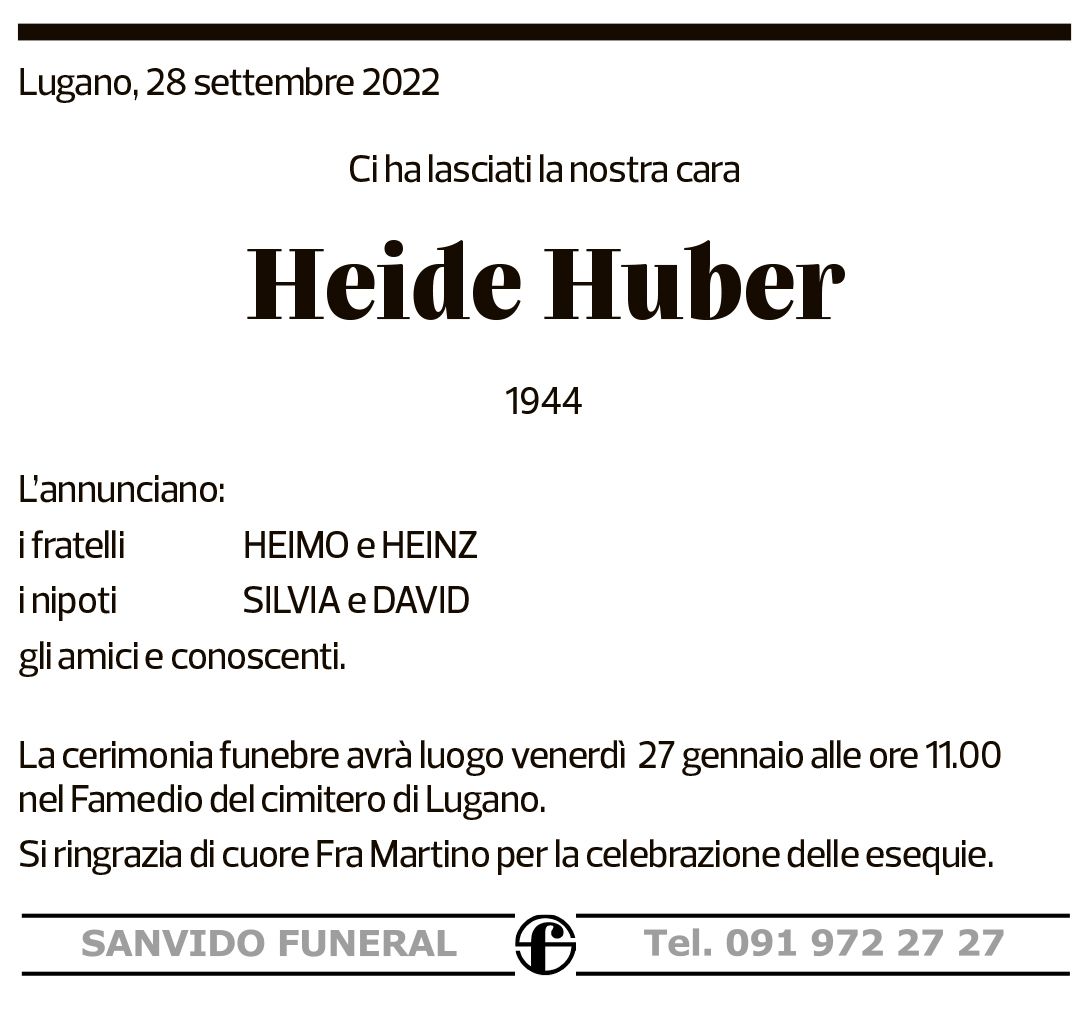 Annuncio funebre Heide Huber