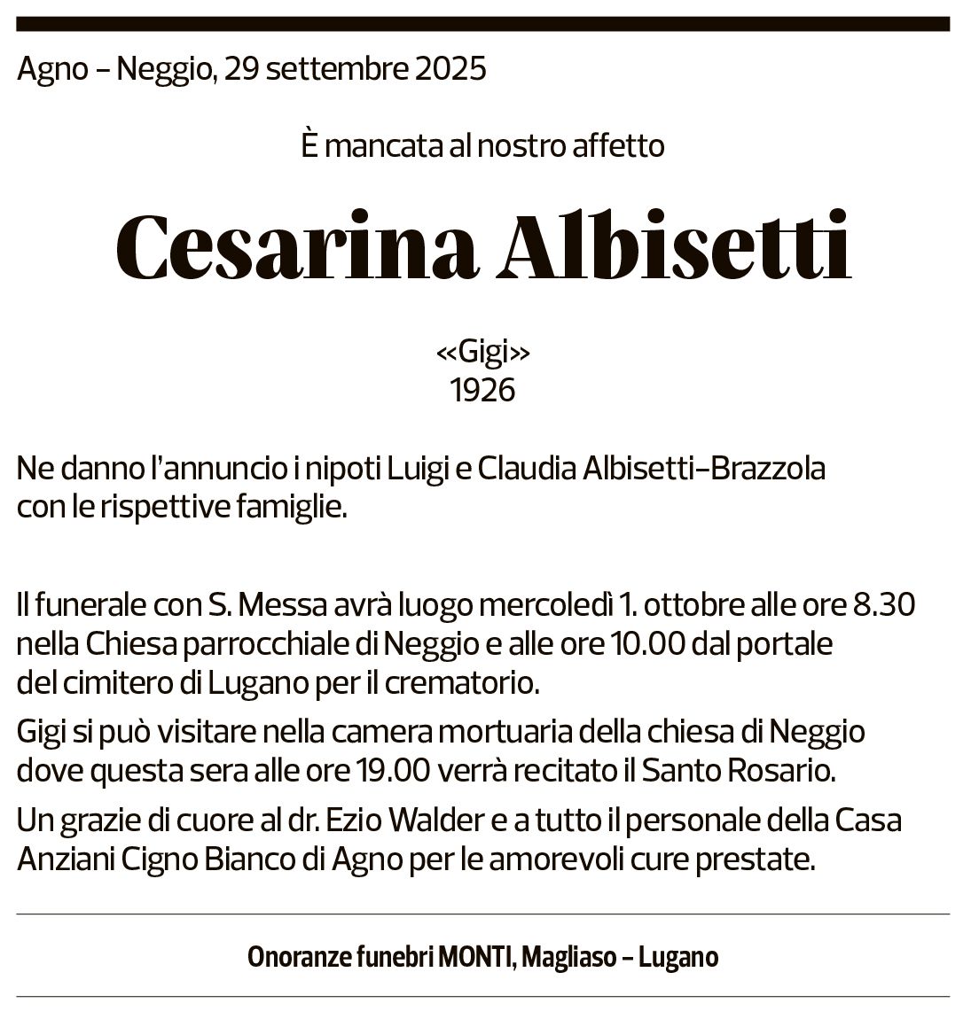 Annuncio funebre Cesarina Albisetti