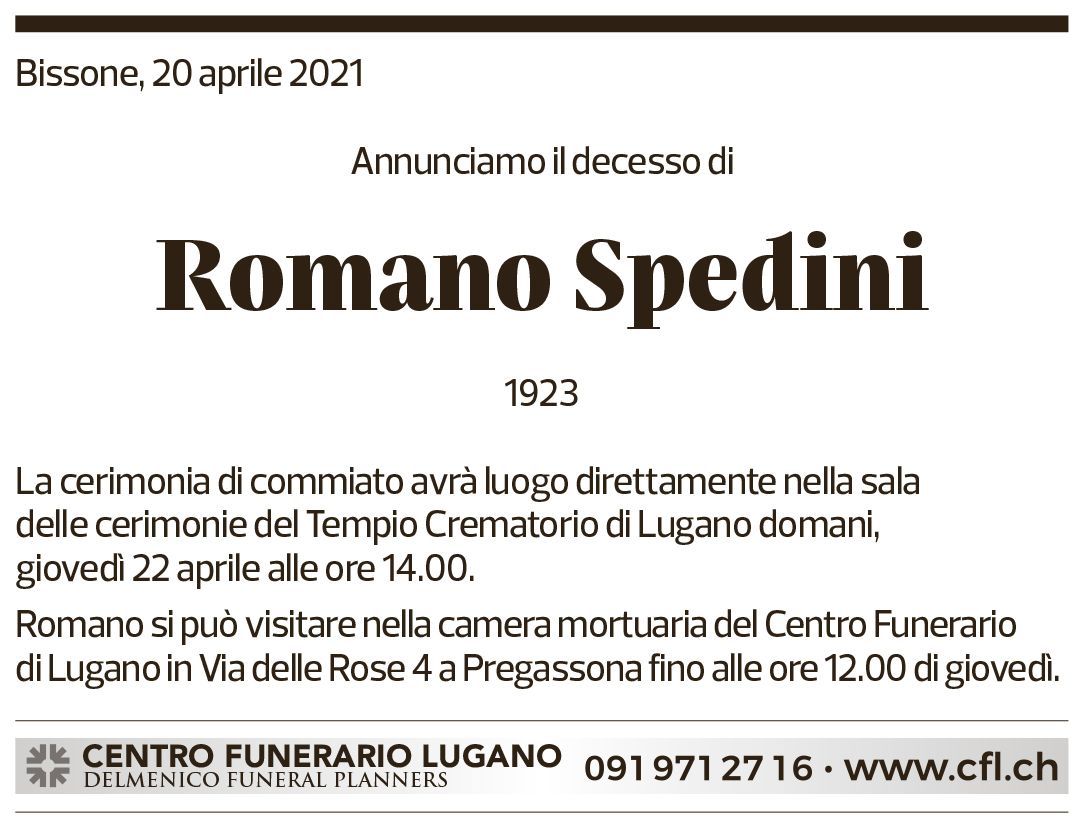 Annuncio funebre Romano Spedini