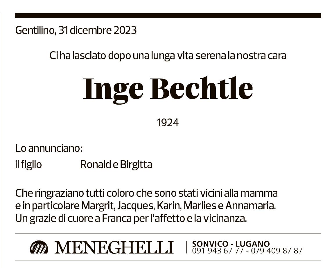 Annuncio funebre Inge Bechtle