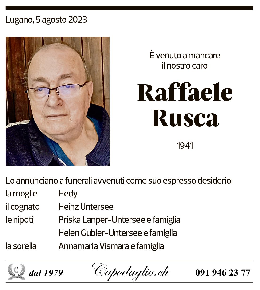 Annuncio funebre Raffaele Rusca