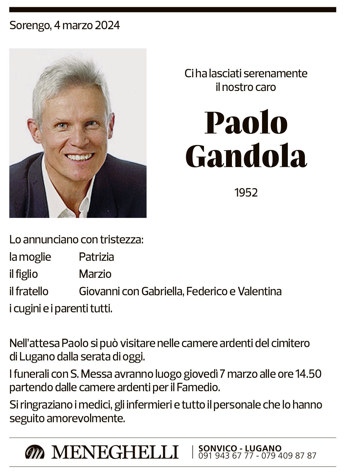 Annuncio funebre Paolo Gandola