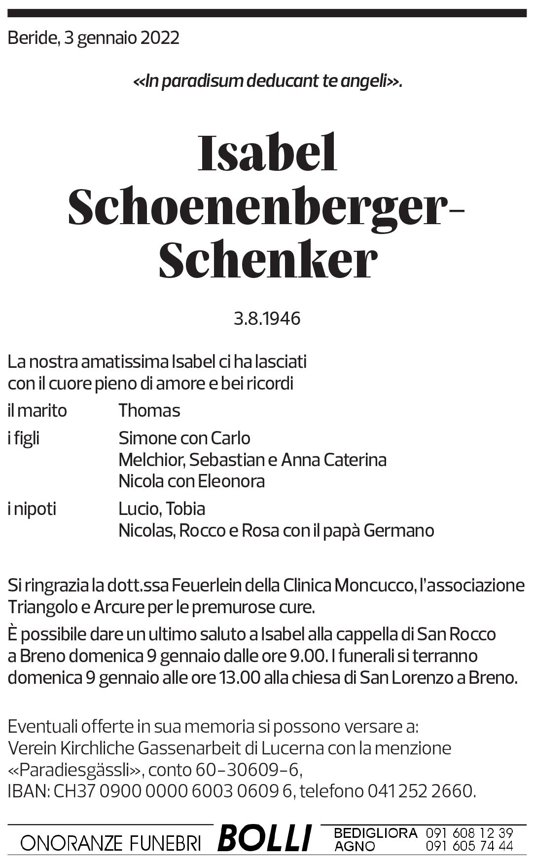 Annuncio funebre Isabel Schoenenberger-schenker