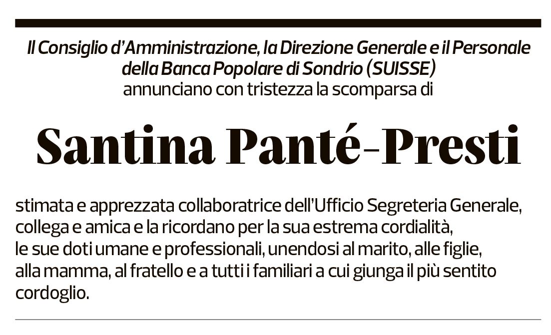 Annuncio funebre Santina Pantè-presti