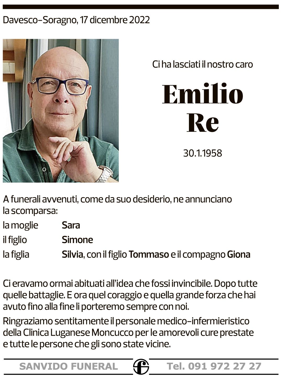 Annuncio funebre Emilio Re