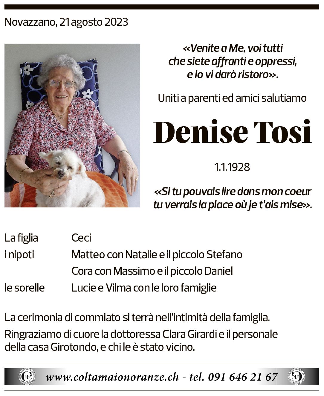 Annuncio funebre Denise Tosi