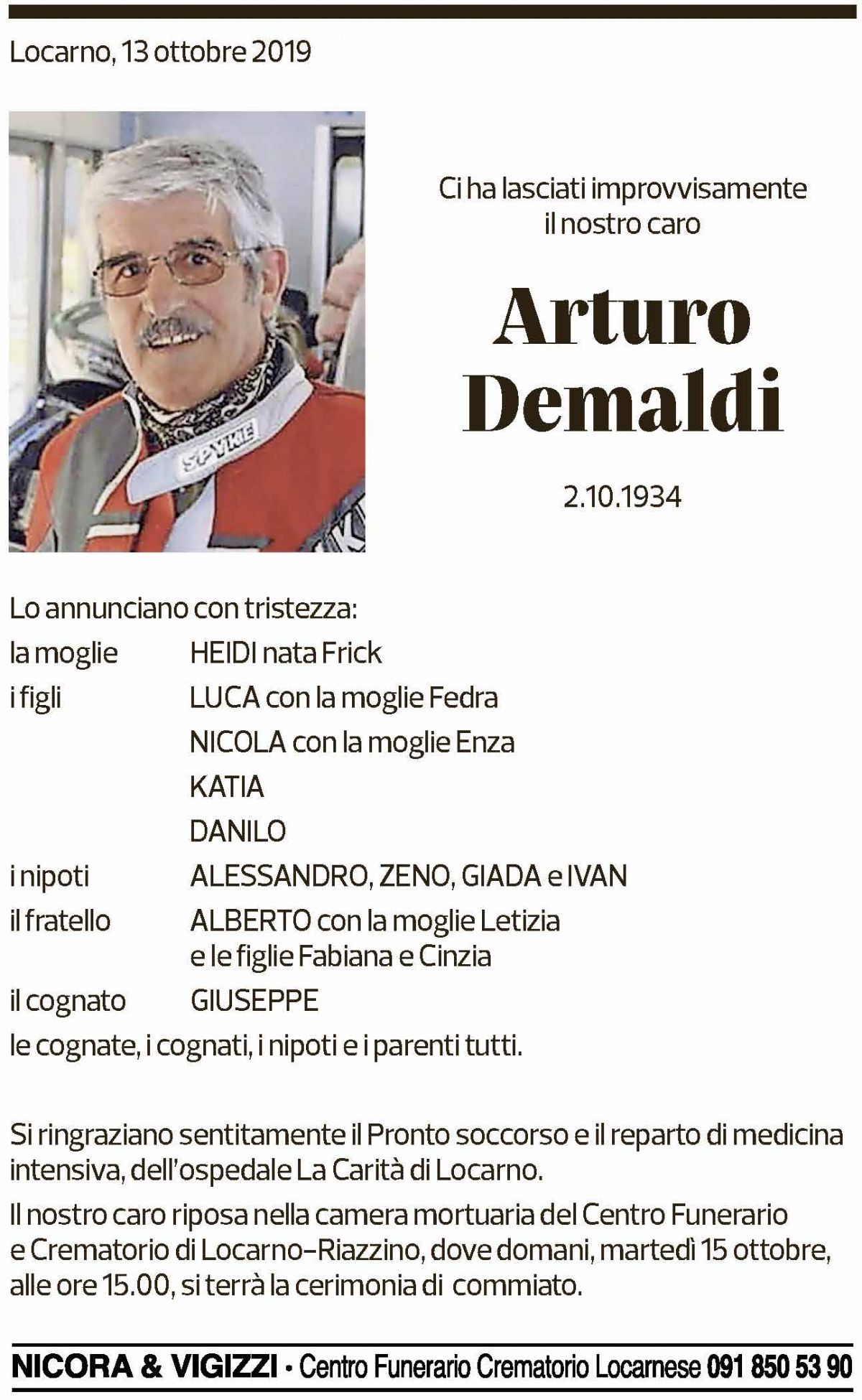 Annuncio funebre Arturo Demaldi