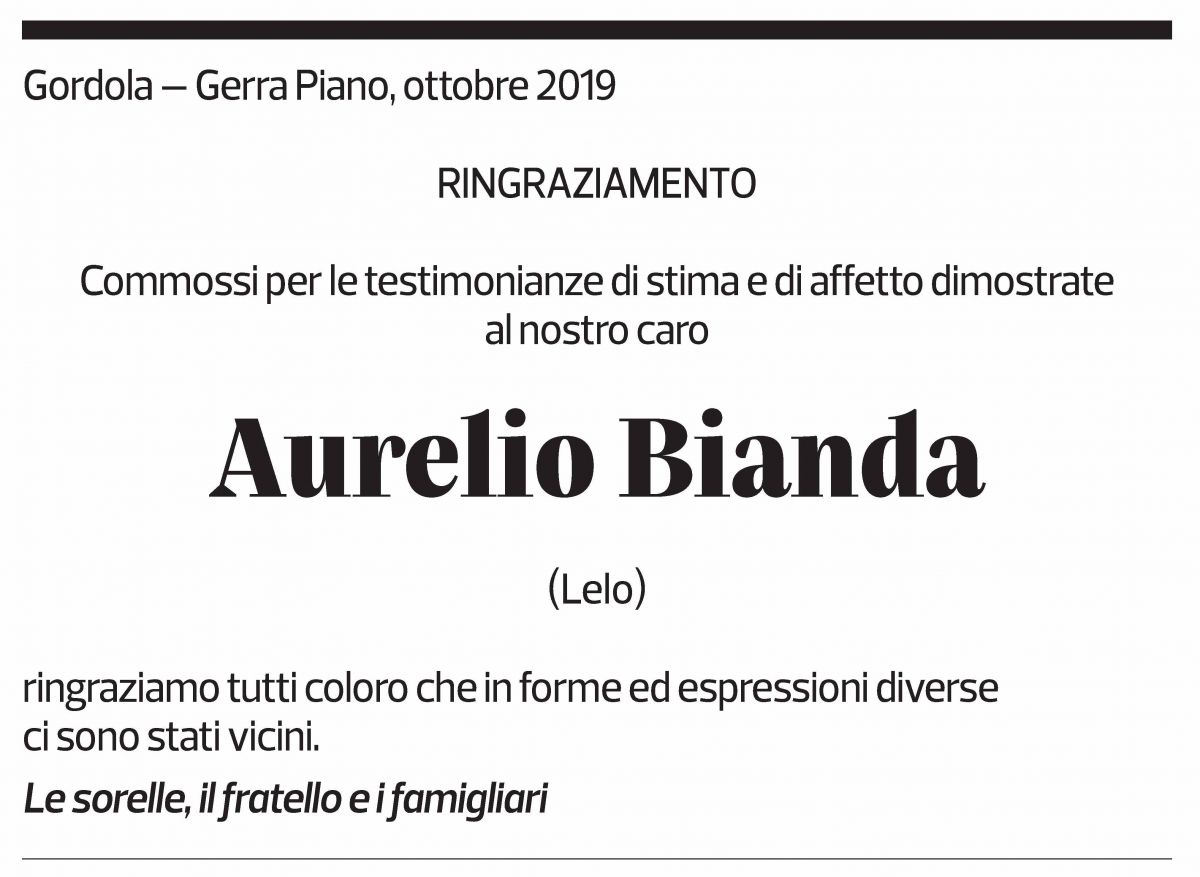 Annuncio funebre Aurelio Bianda