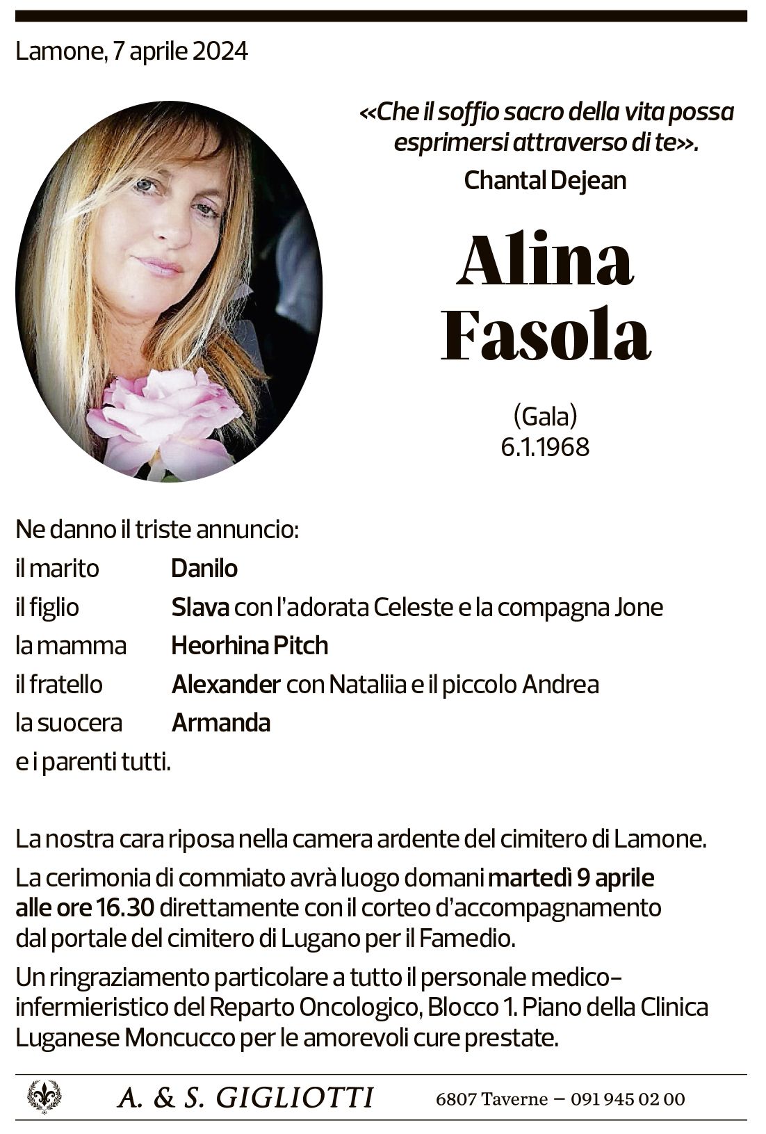 Annuncio funebre Alina Fasola