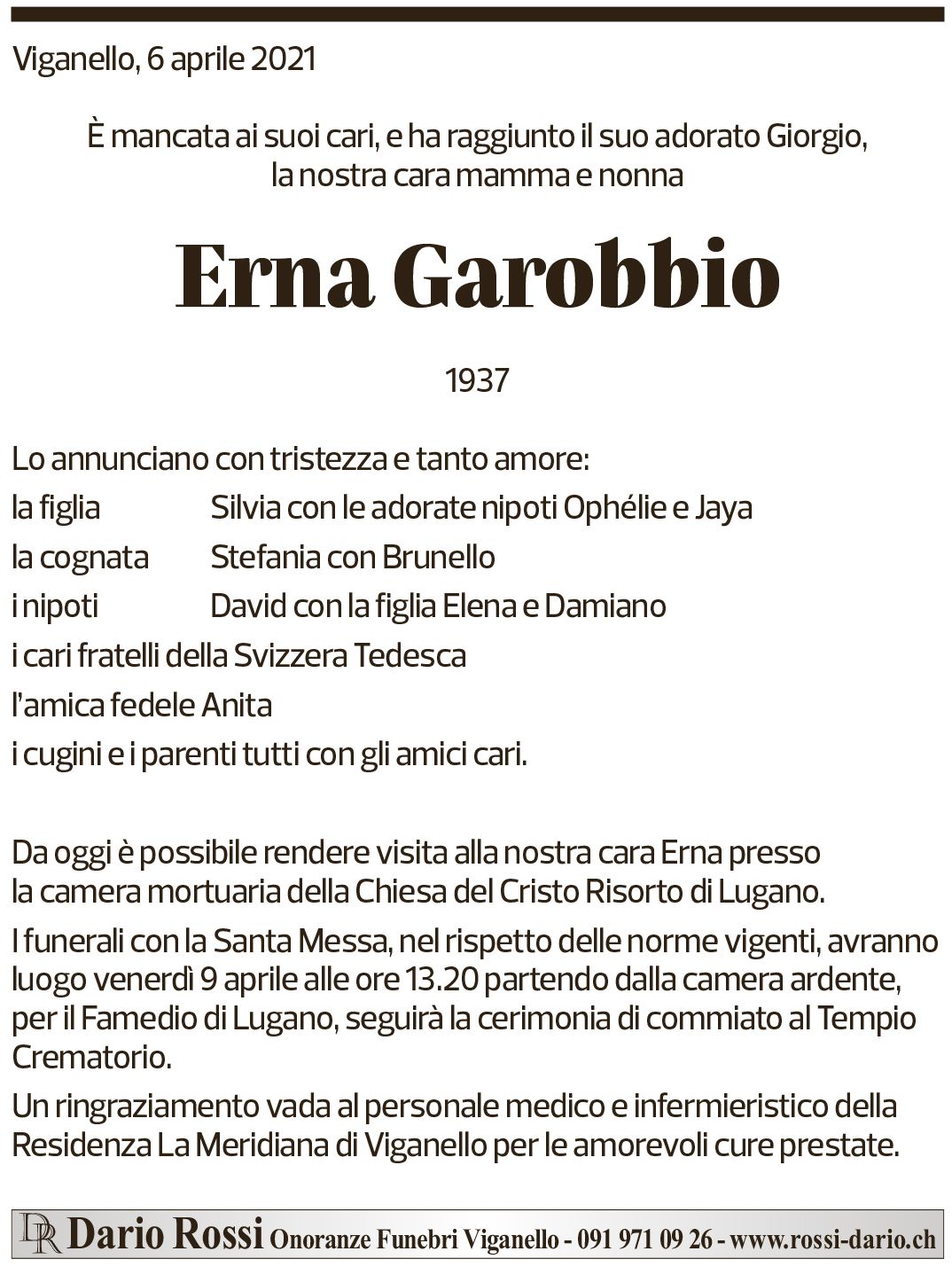 Annuncio funebre Erna Garobbio