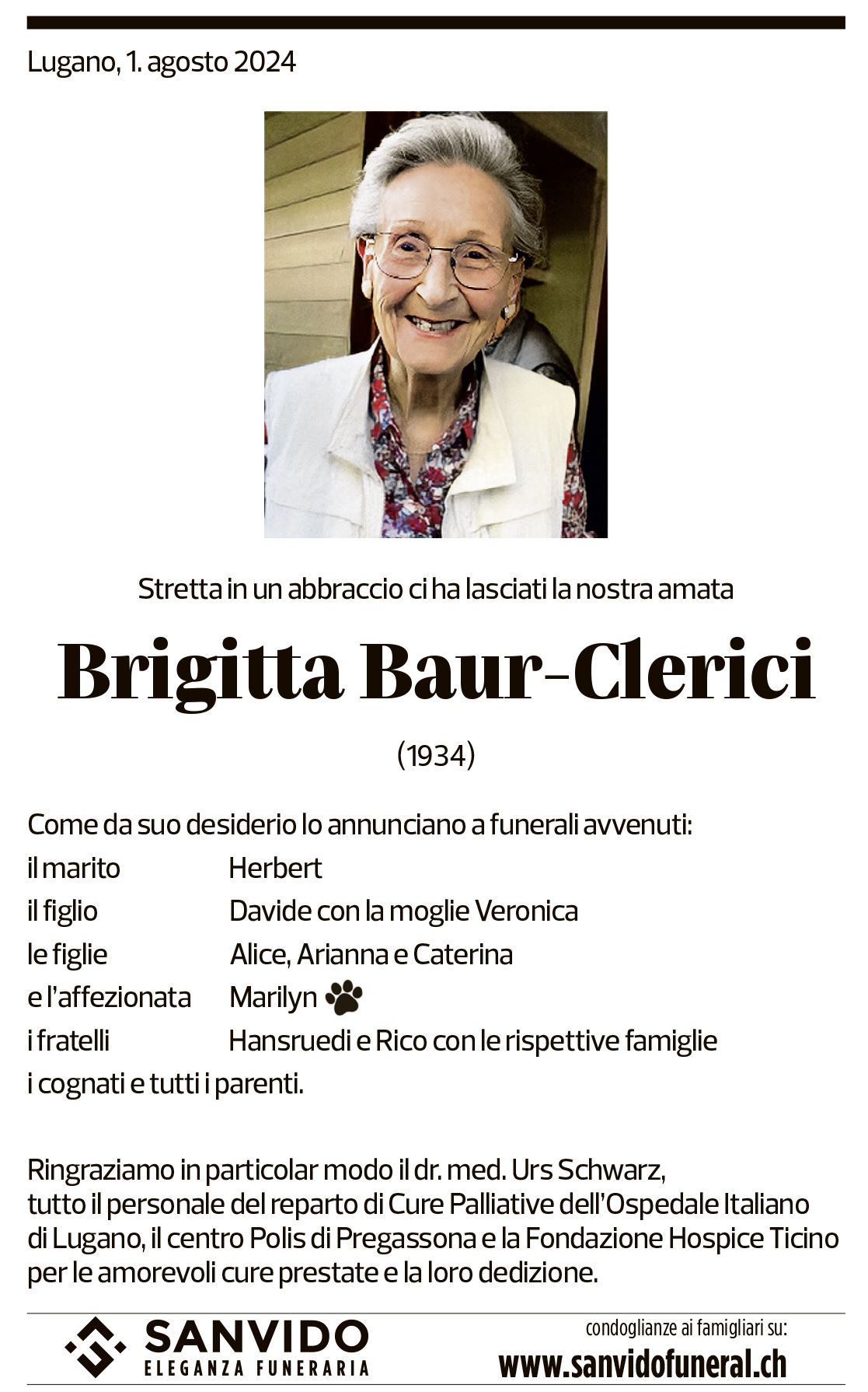 Annuncio funebre Brigitta Baur-clerici