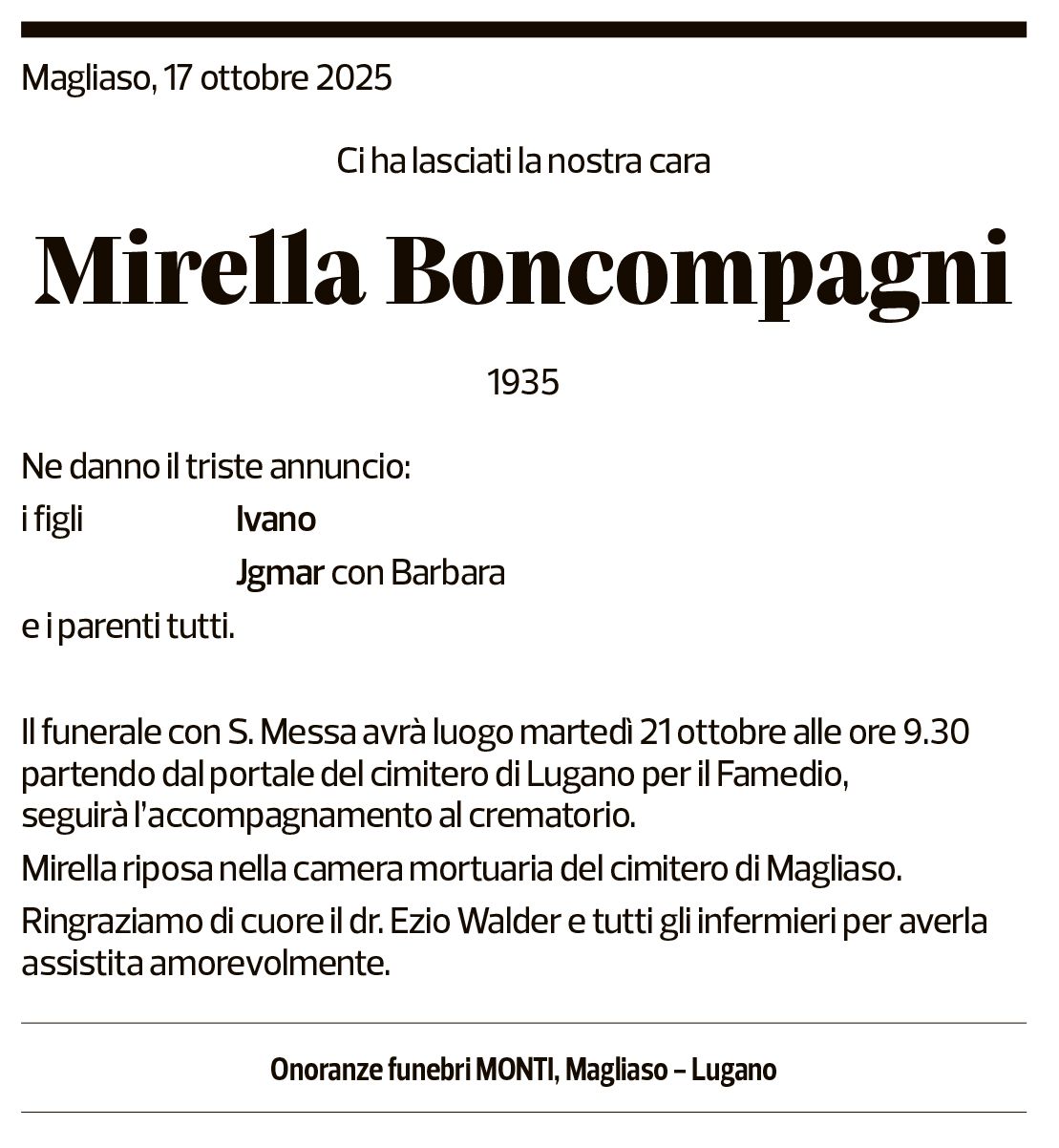 Annuncio funebre Mirella Boncompagni