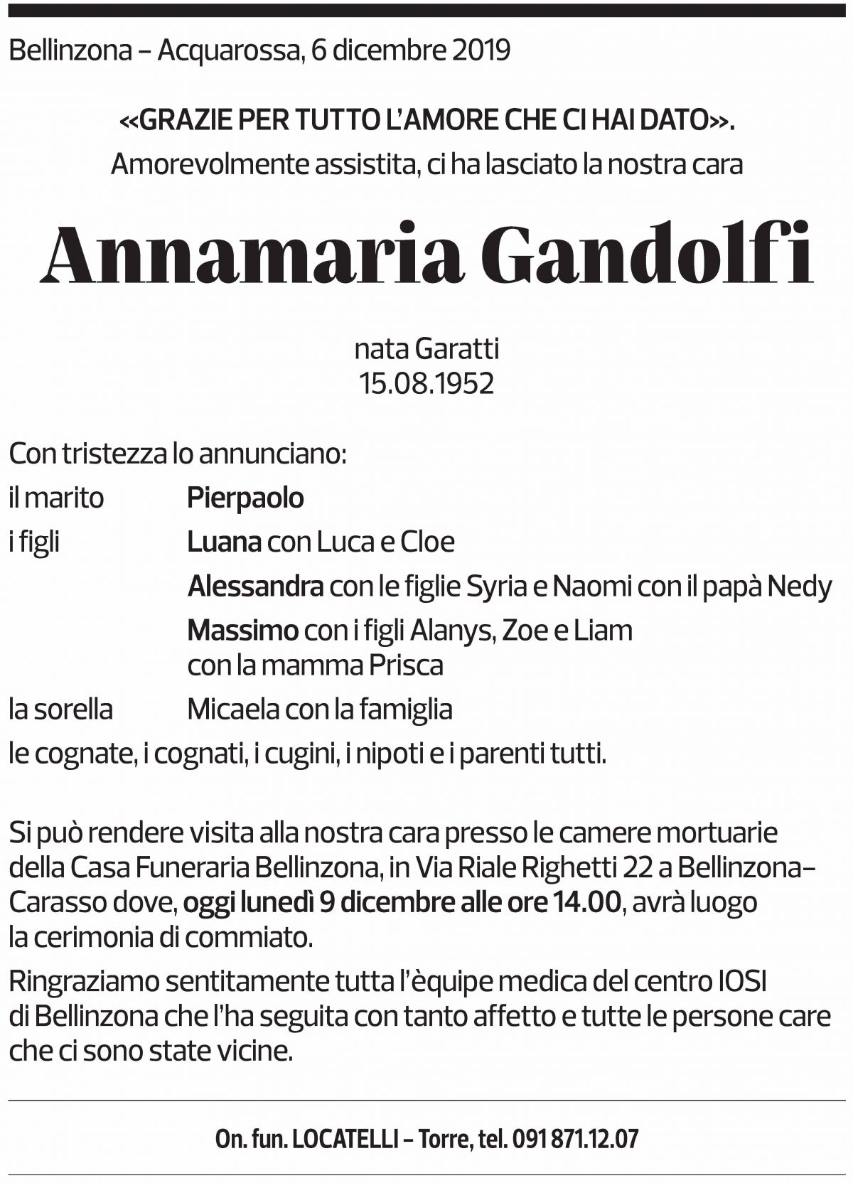 Annuncio funebre Annamaria Gandolfi