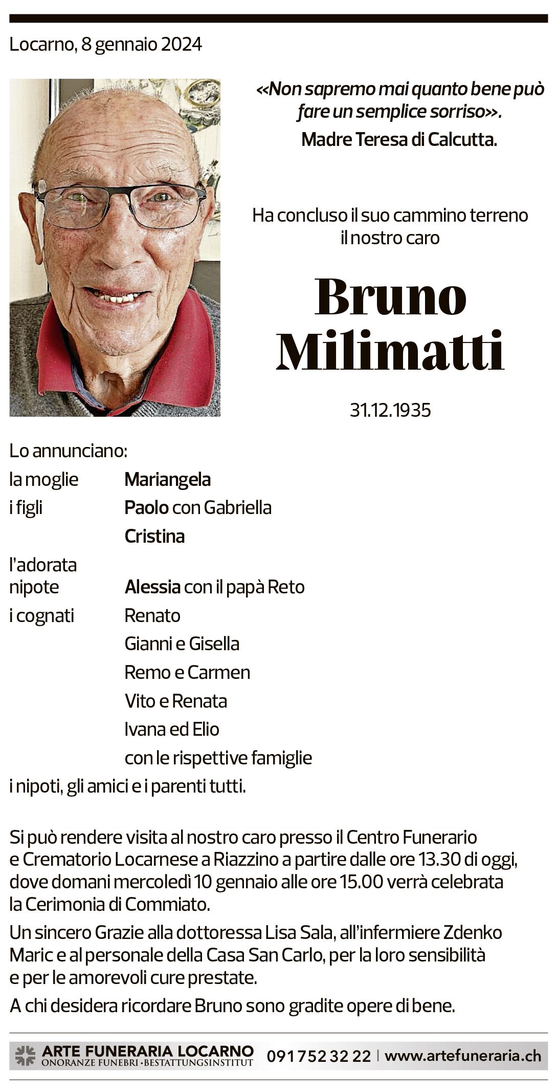 Annuncio funebre Bruno Milimatti