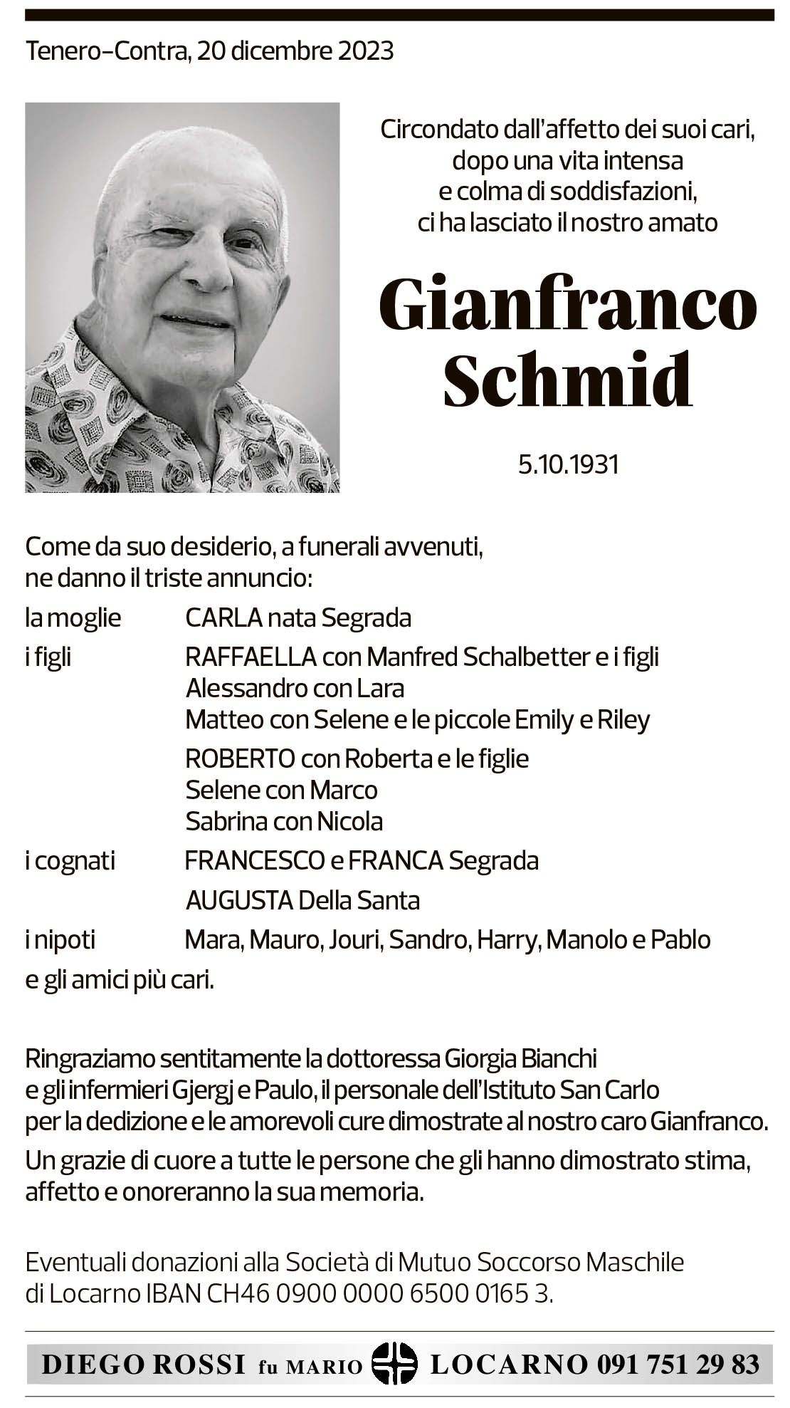 Annuncio funebre Gianfranco Schmid