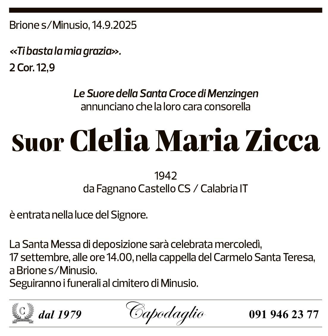 Annuncio funebre Clelia Maria Zicca