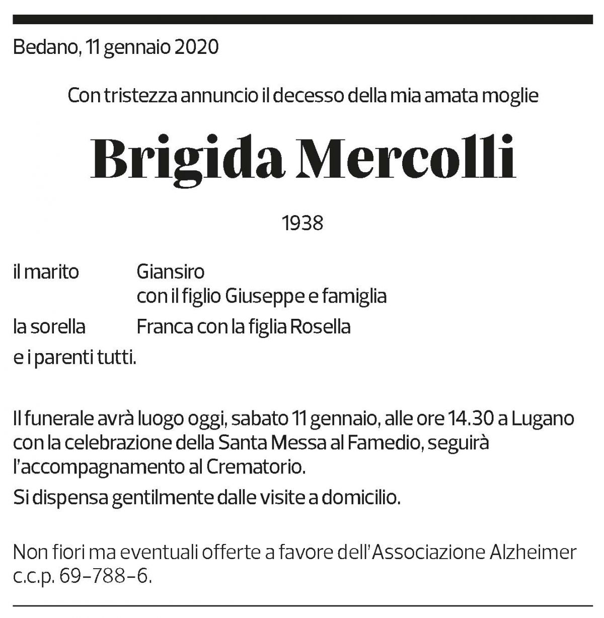 Annuncio funebre Brigida Mercolli
