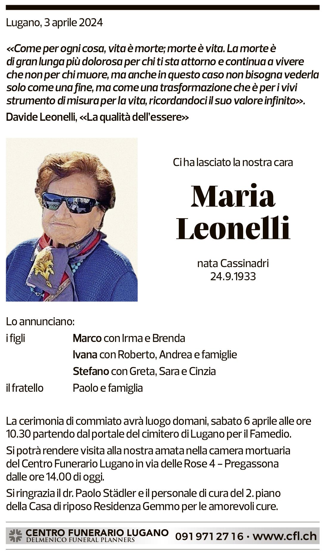 Annuncio funebre Maria Leonelli