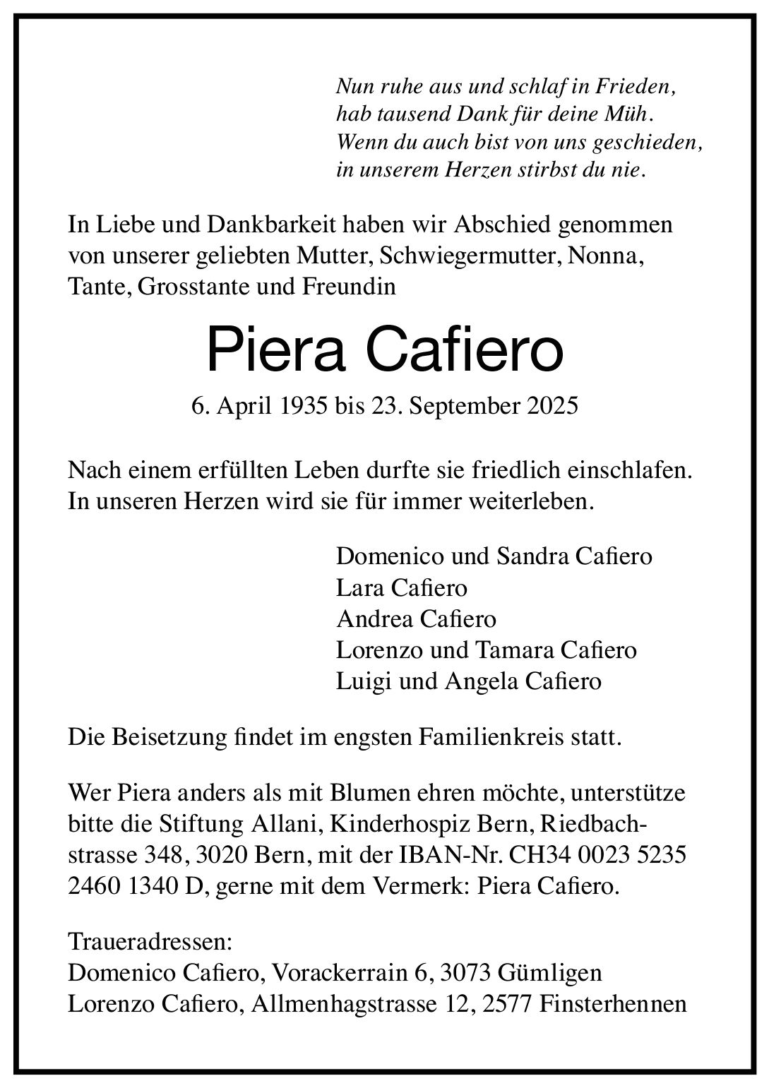 Annuncio funebre Piera Cafiero